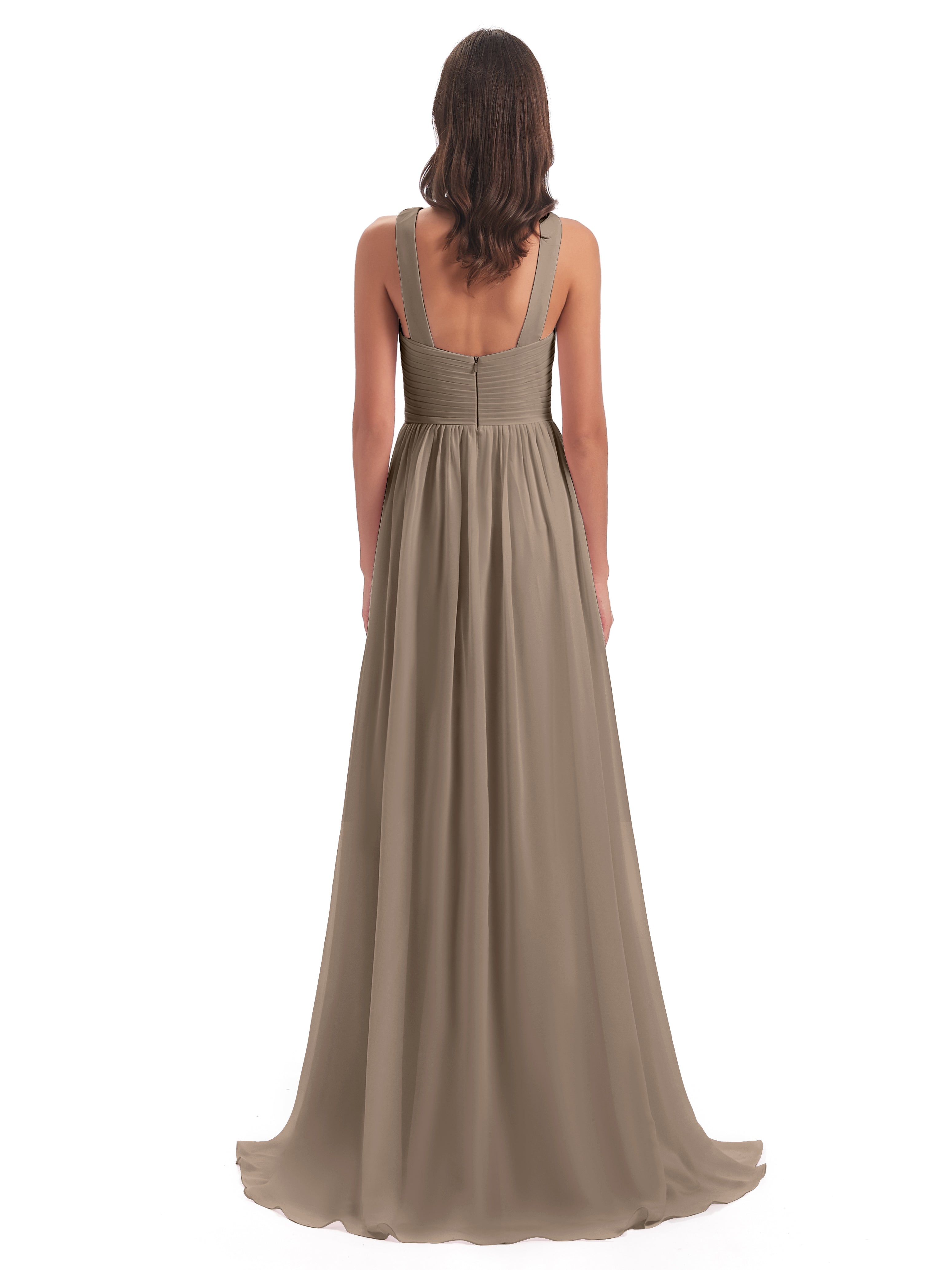 Couleur Taupe Robe Balayage/Pinceau Traîne Bretelle Mousseline Robes Demoiselle D'Honneur