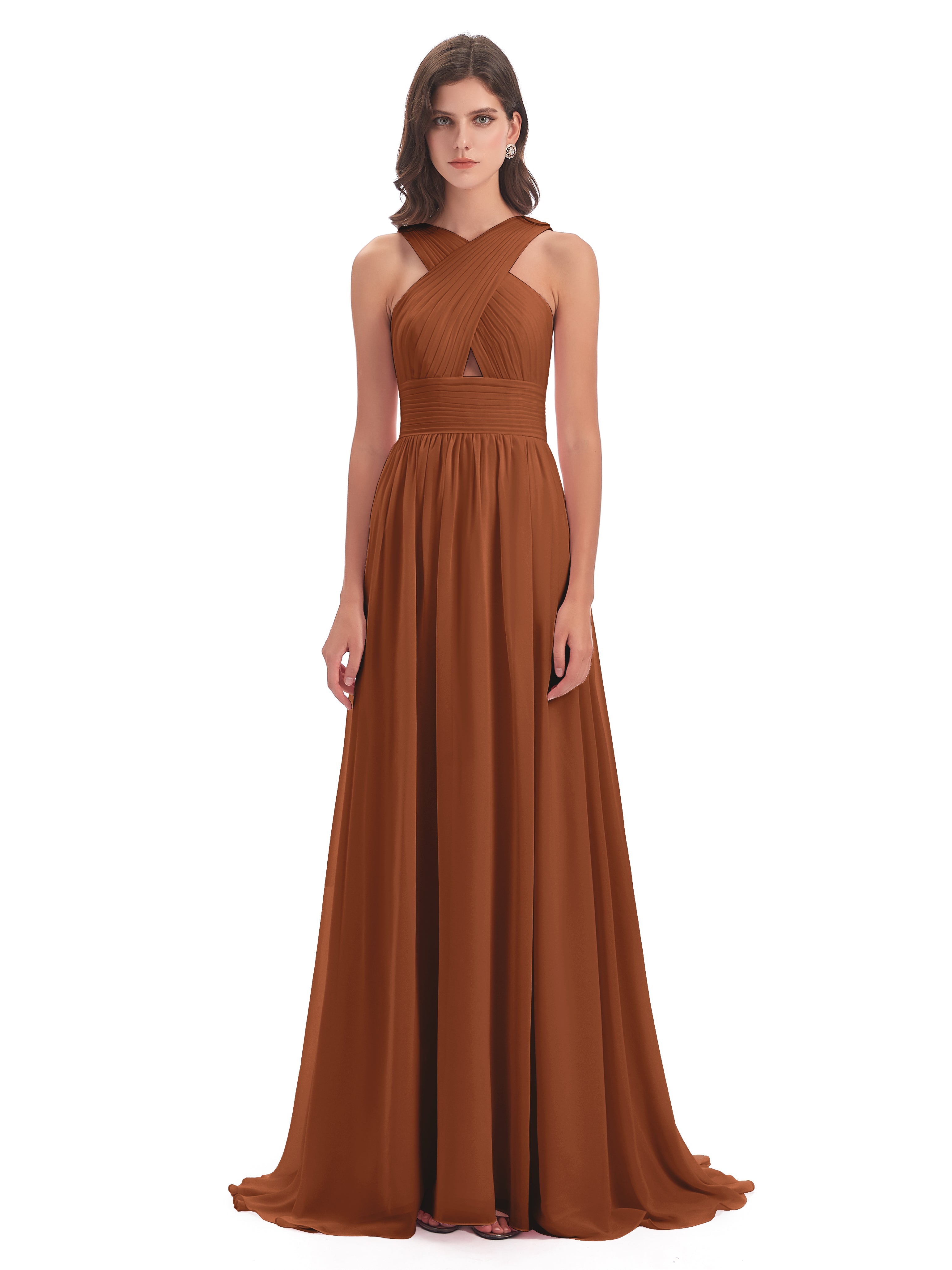 Robes De Demoiselle D'Honneur En Terre Cuite Balayage/Pinceau Traîne Bretelle Mousseline Robes Demoiselle D'Honneur