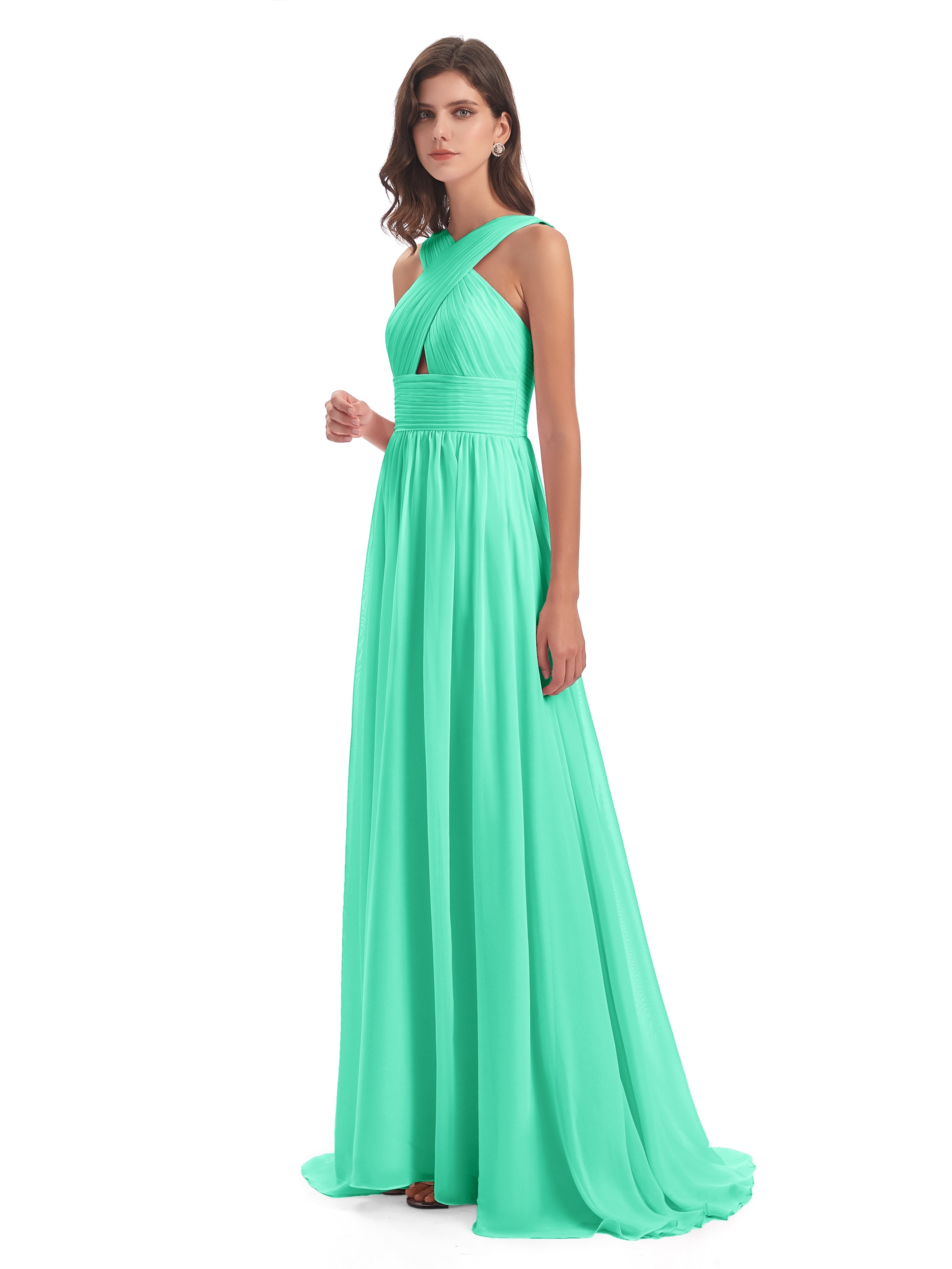 Robes De Demoiselle D'Honneur Turquoise Balayage/Pinceau Traîne Bretelle Mousseline Robes Demoiselle D'Honneur