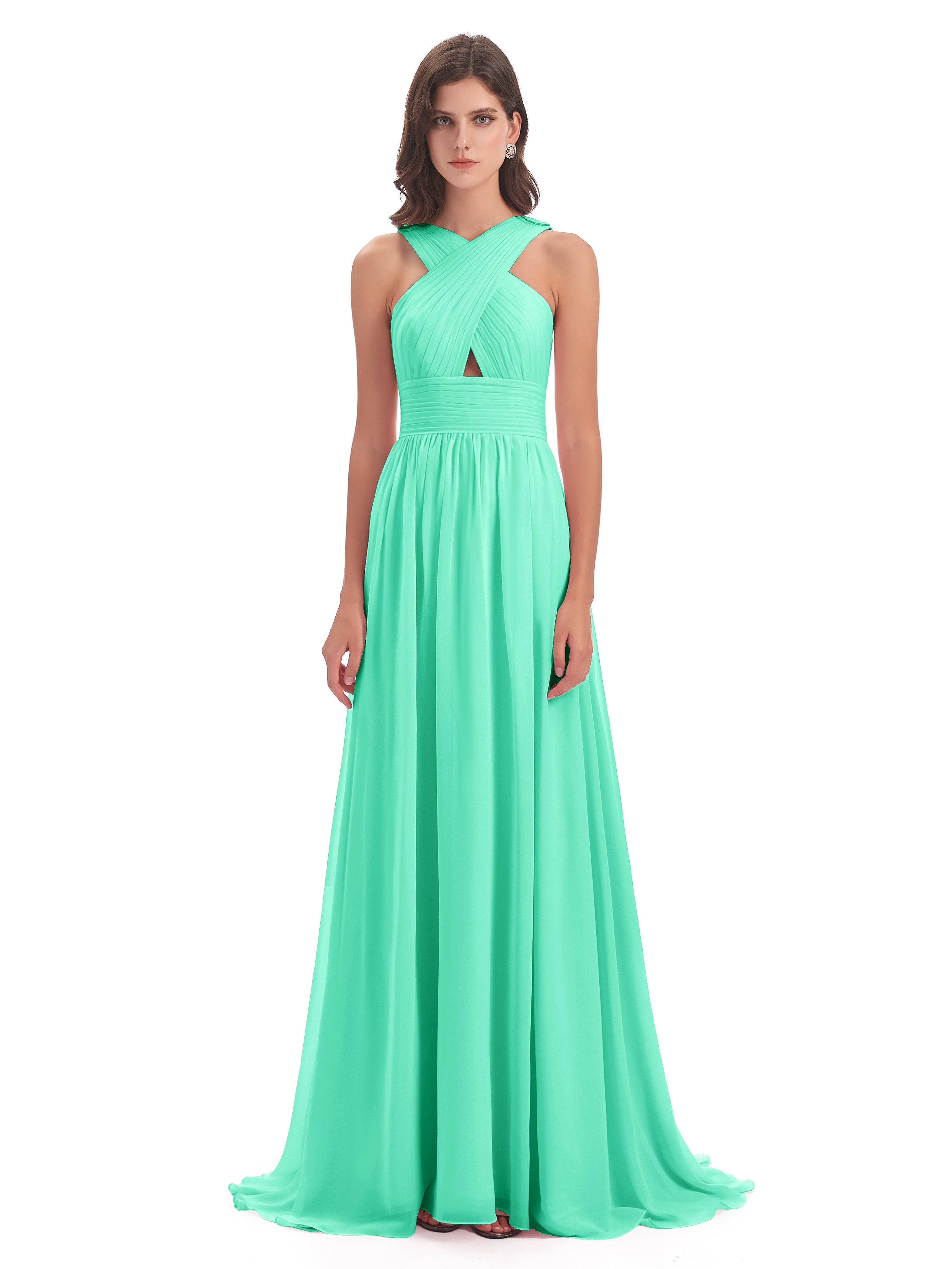 Robes De Demoiselle D'Honneur Turquoise Balayage/Pinceau Traîne Bretelle Mousseline Robes Demoiselle D'Honneur