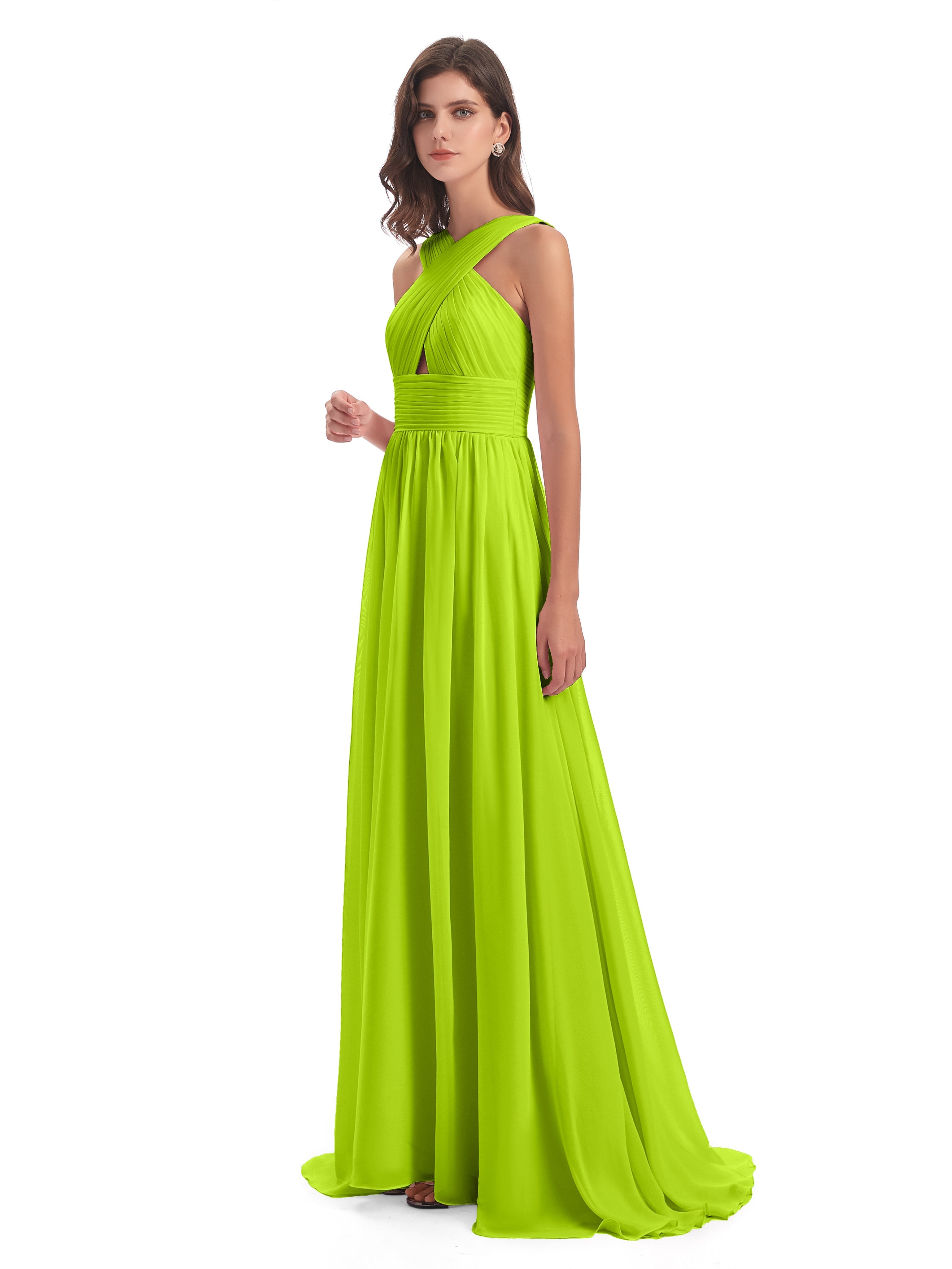 Robes De Demoiselle D'Honneur Vert Citron Balayage/Pinceau Traîne Bretelle Mousseline Robes Demoiselle D'Honneur