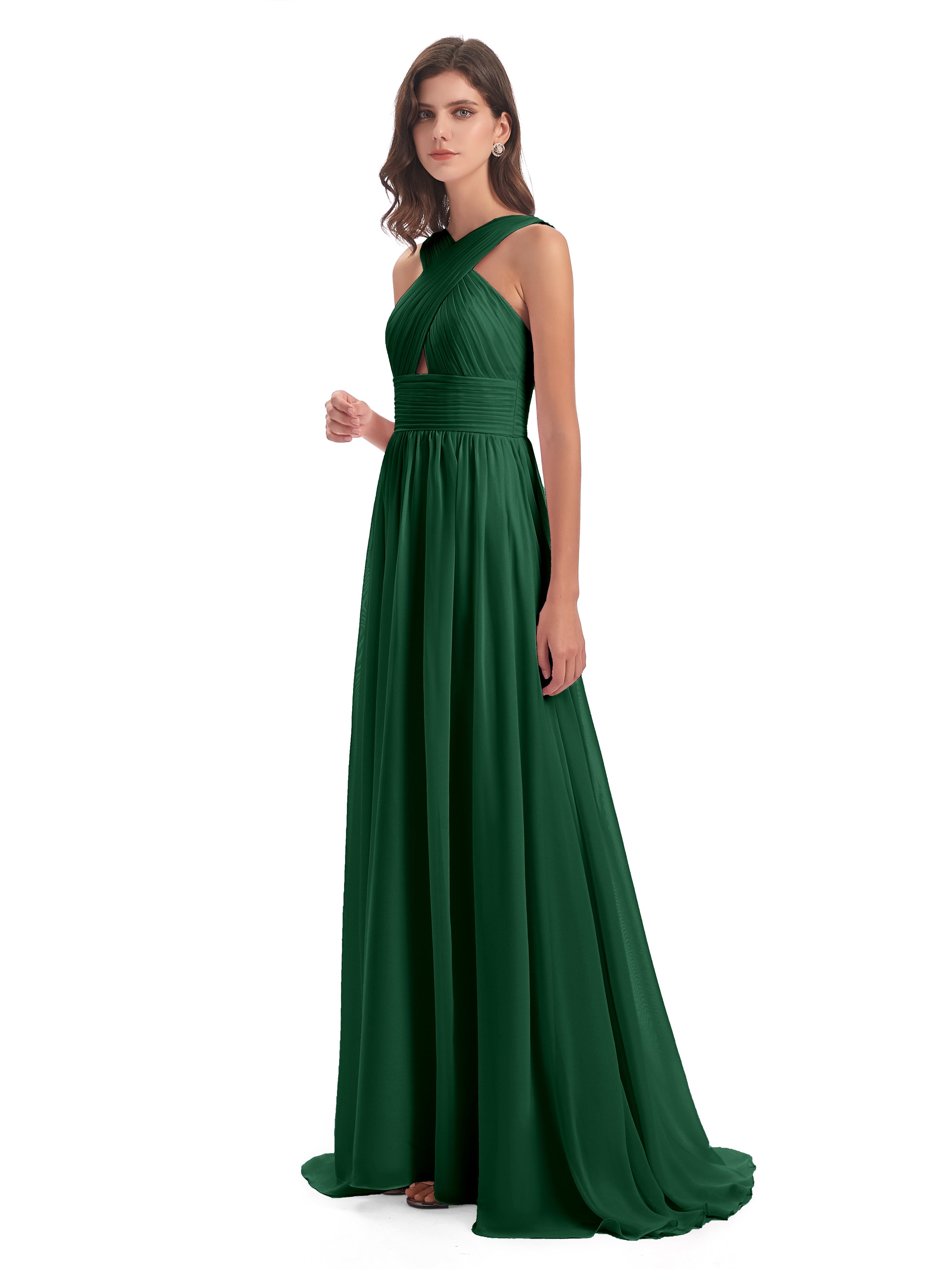 Robes De Demoiselle D'Honneur Vert Foncé Balayage/Pinceau Traîne Bretelle Mousseline Robes Demoiselle D'Honneur