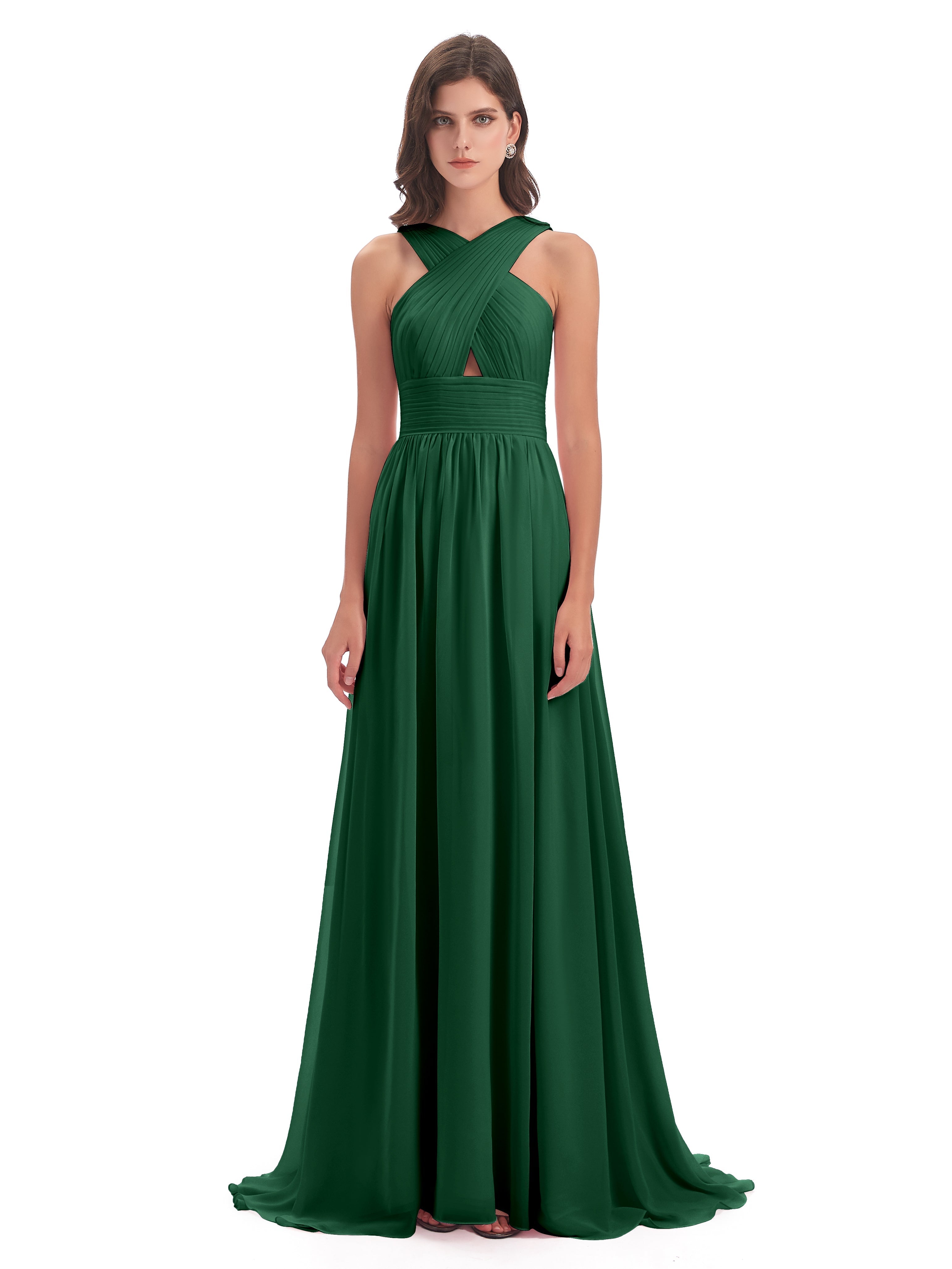 Robes De Demoiselle D'Honneur Vert Foncé Balayage/Pinceau Traîne Bretelle Mousseline Robes Demoiselle D'Honneur