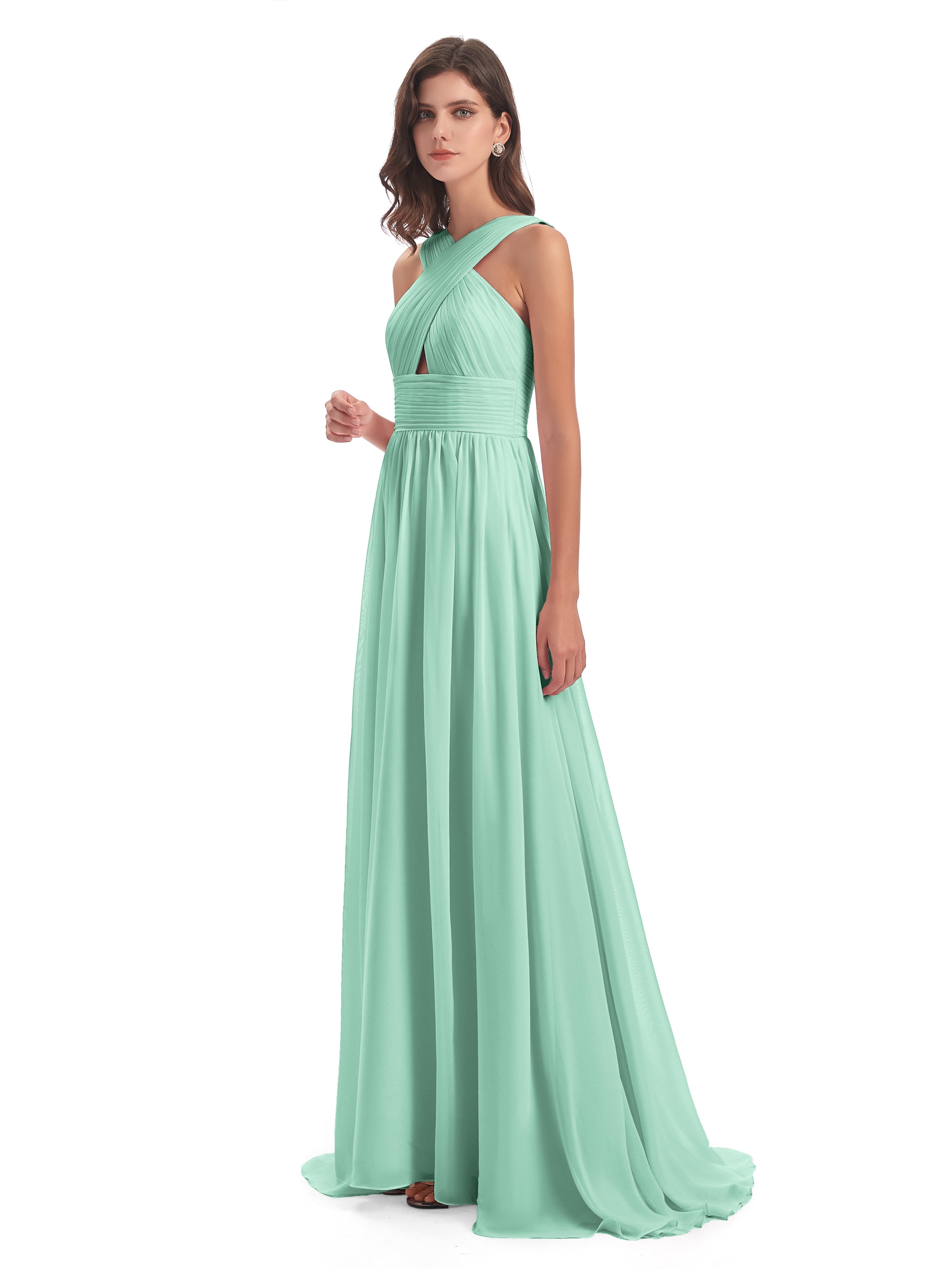 Robe Demoiselle D Honneur Vert Menthe Balayage/Pinceau Traîne Bretelle Mousseline Robes Demoiselle D'Honneur