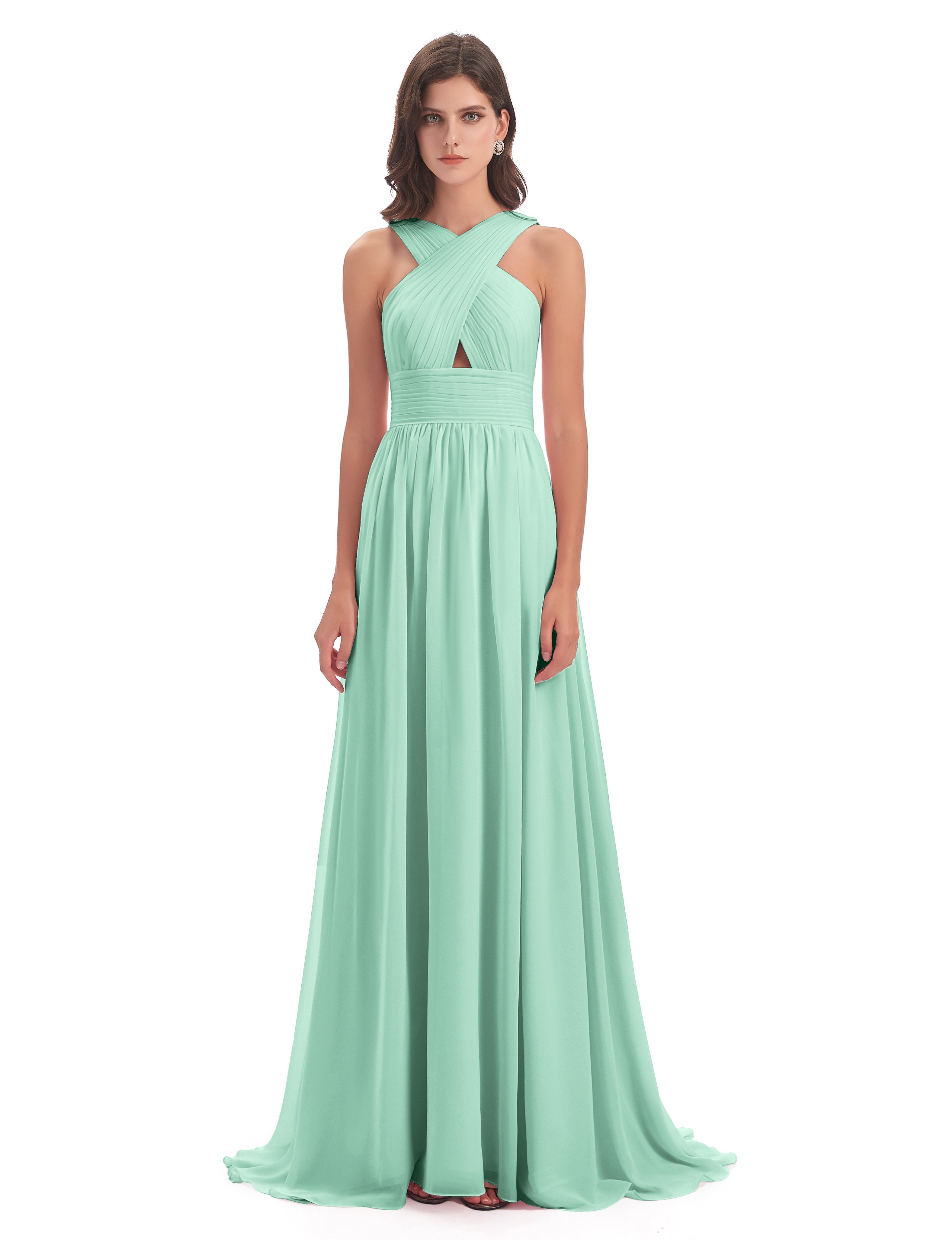 Robe Demoiselle D Honneur Vert Menthe Balayage/Pinceau Traîne Bretelle Mousseline Robes Demoiselle D'Honneur