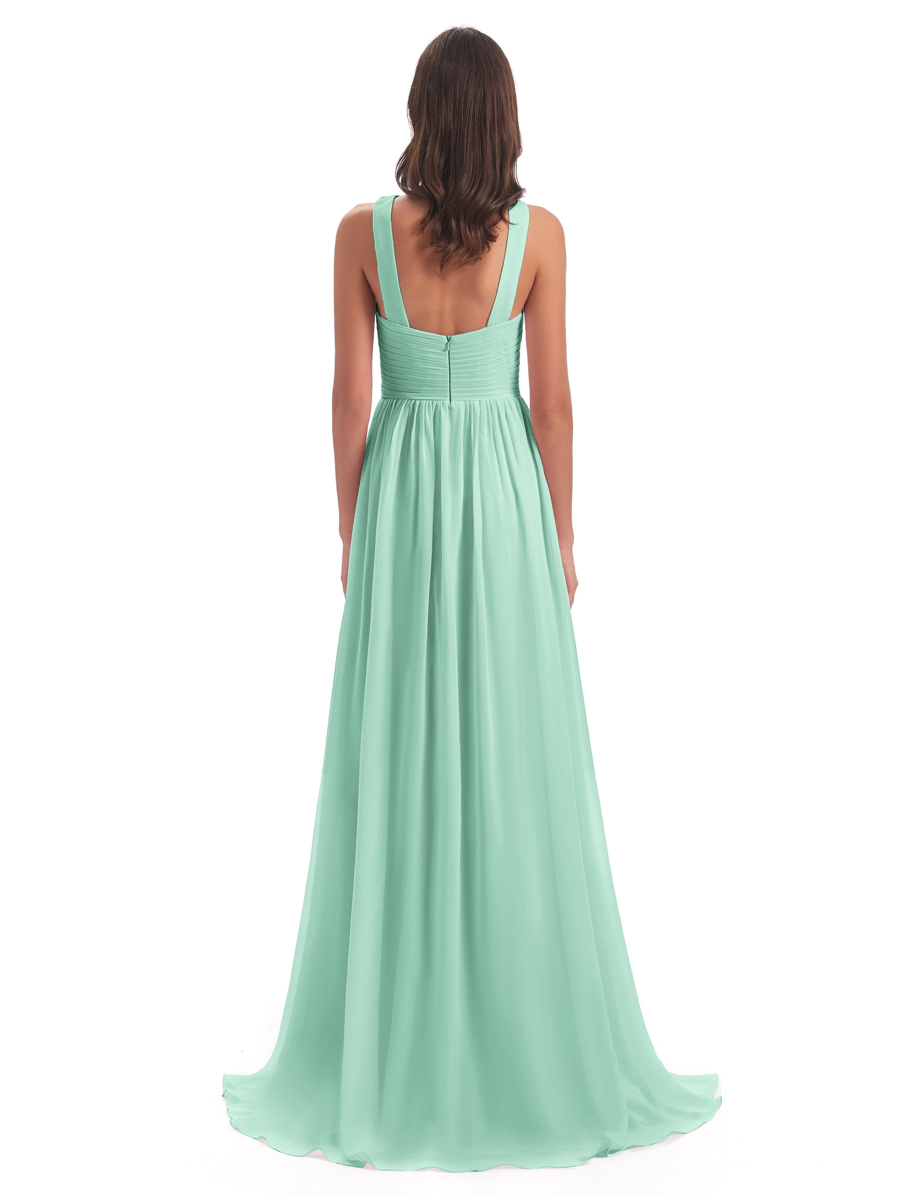 Robe Demoiselle D Honneur Vert Menthe Balayage/Pinceau Traîne Bretelle Mousseline Robes Demoiselle D'Honneur