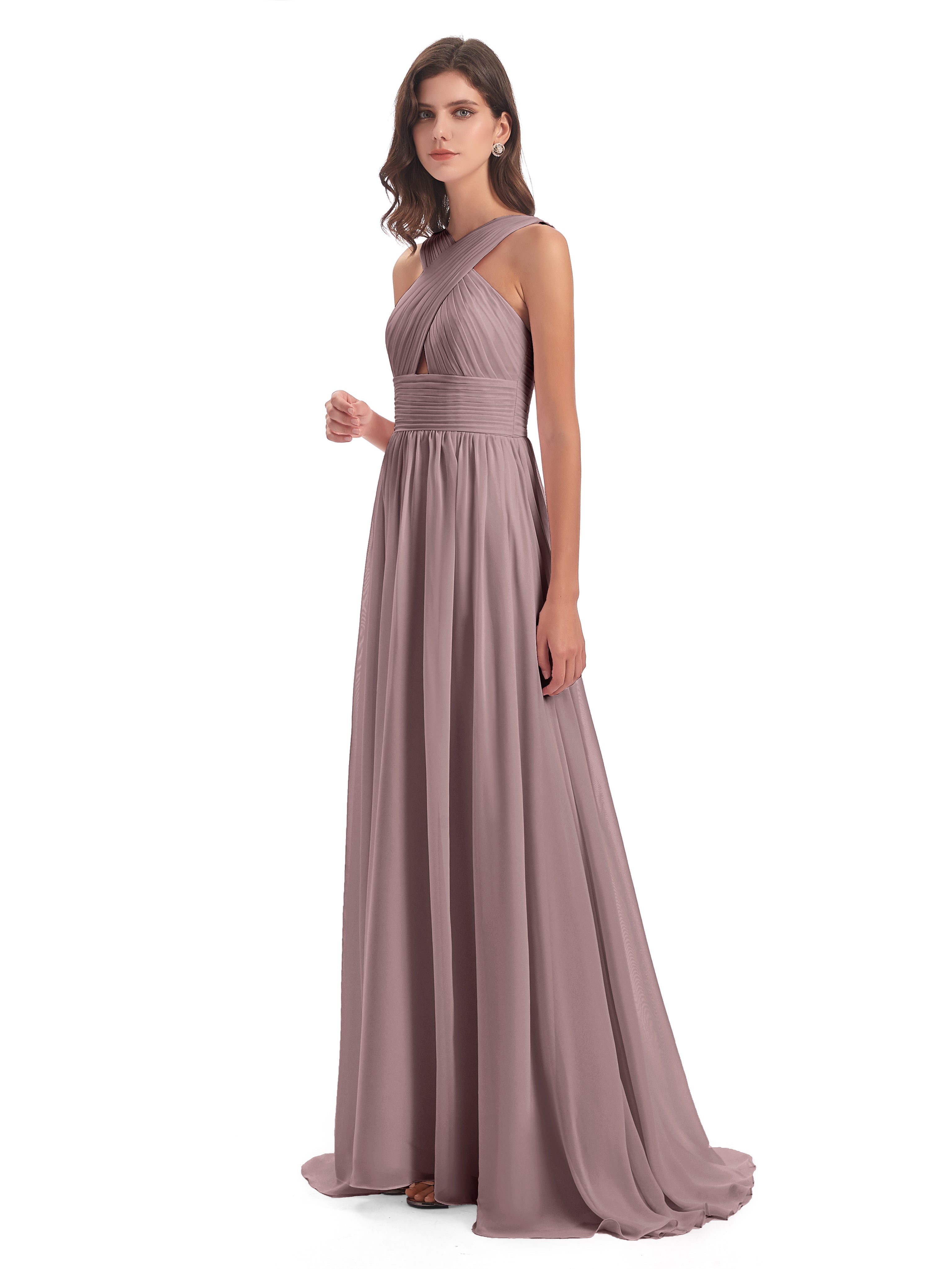 Robes De Demoiselle D'Honneur Mauve Foncé Balayage/Pinceau Traîne Bretelle Mousseline Robes Demoiselle D'Honneur