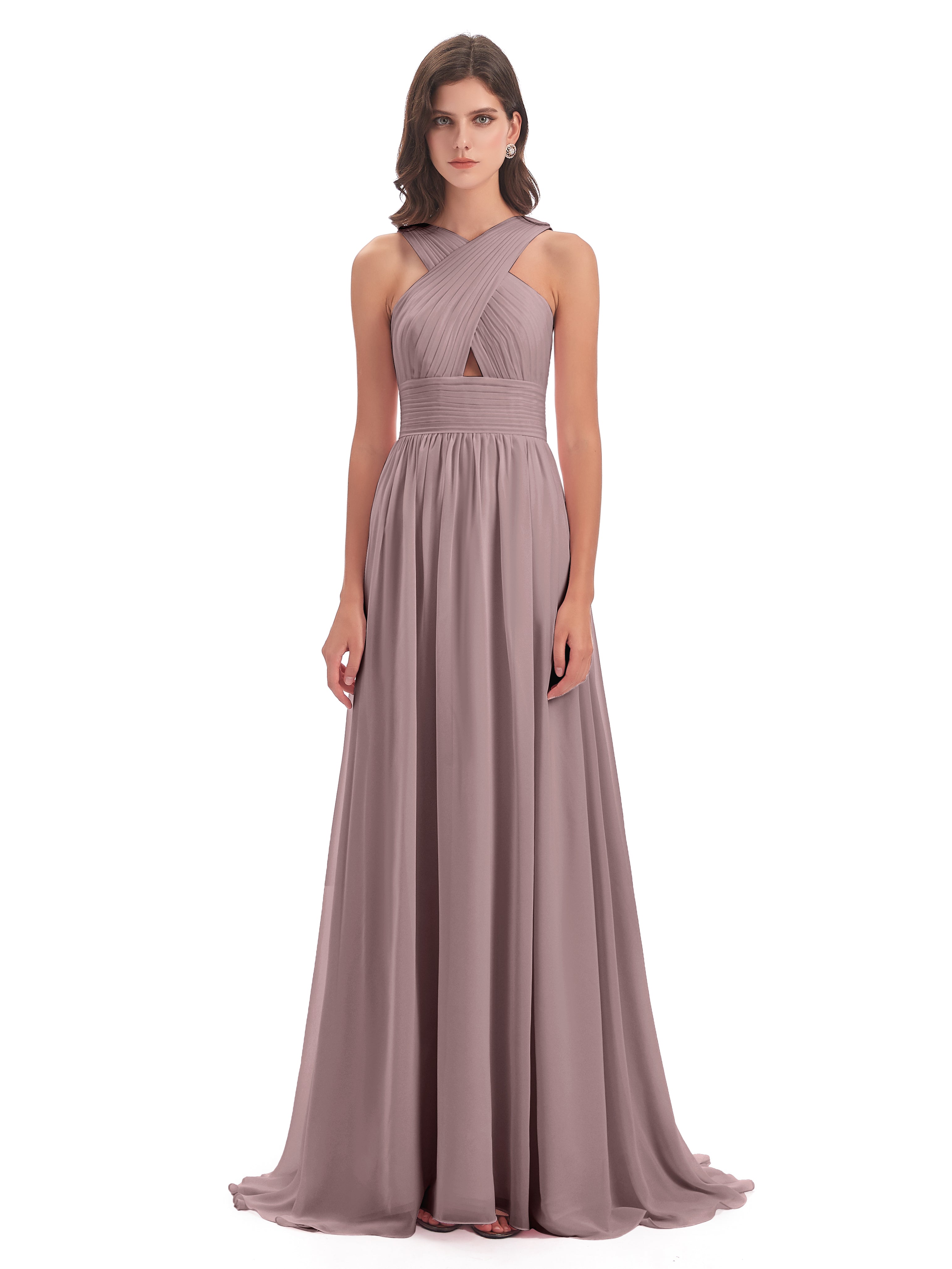 Robes De Demoiselle D'Honneur Mauve Foncé Balayage/Pinceau Traîne Bretelle Mousseline Robes Demoiselle D'Honneur