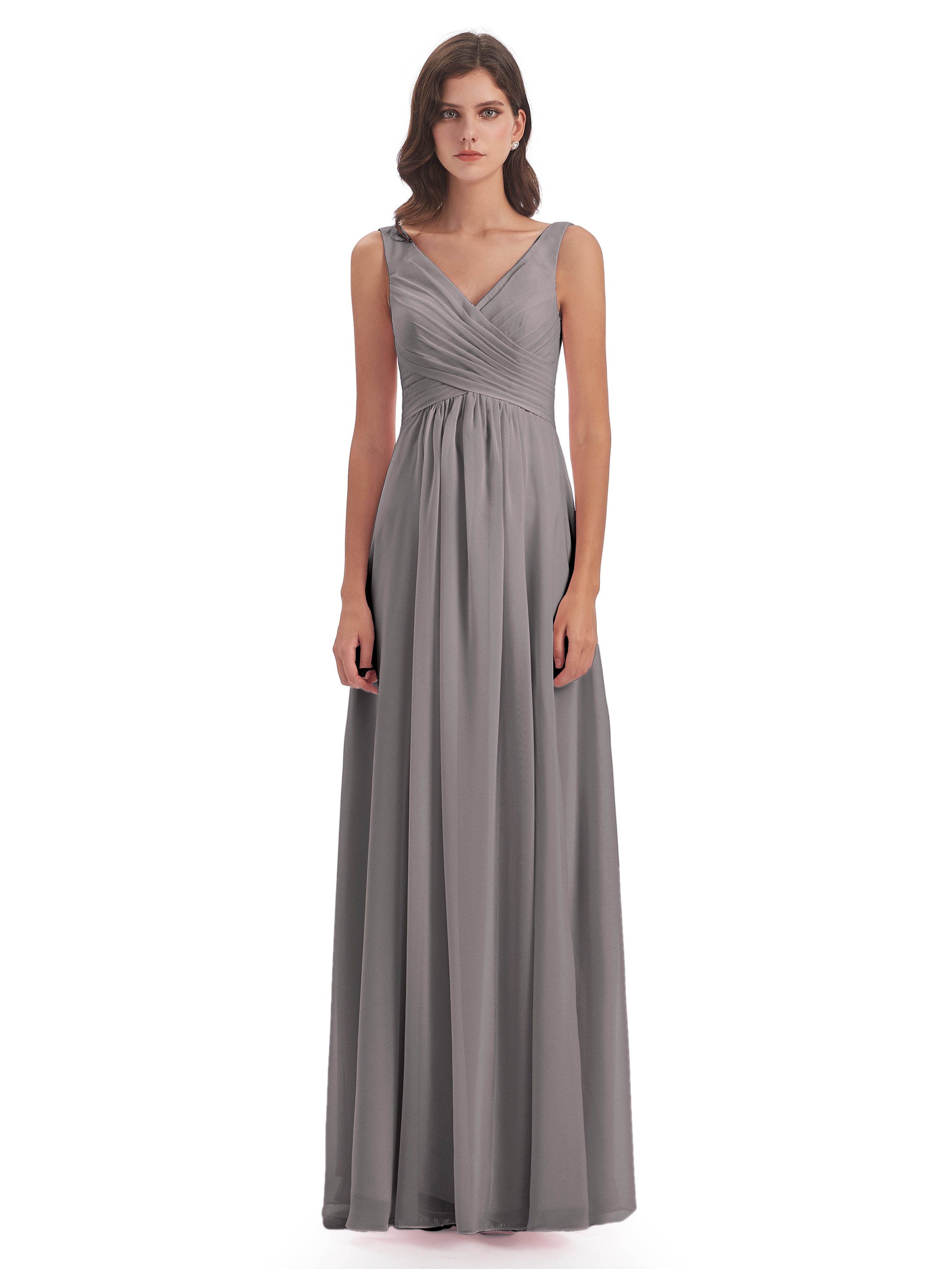Robe Argentée Demoiselle D Honneur Col V Fendue Mousseline Robes Demoiselle D'Honneur
