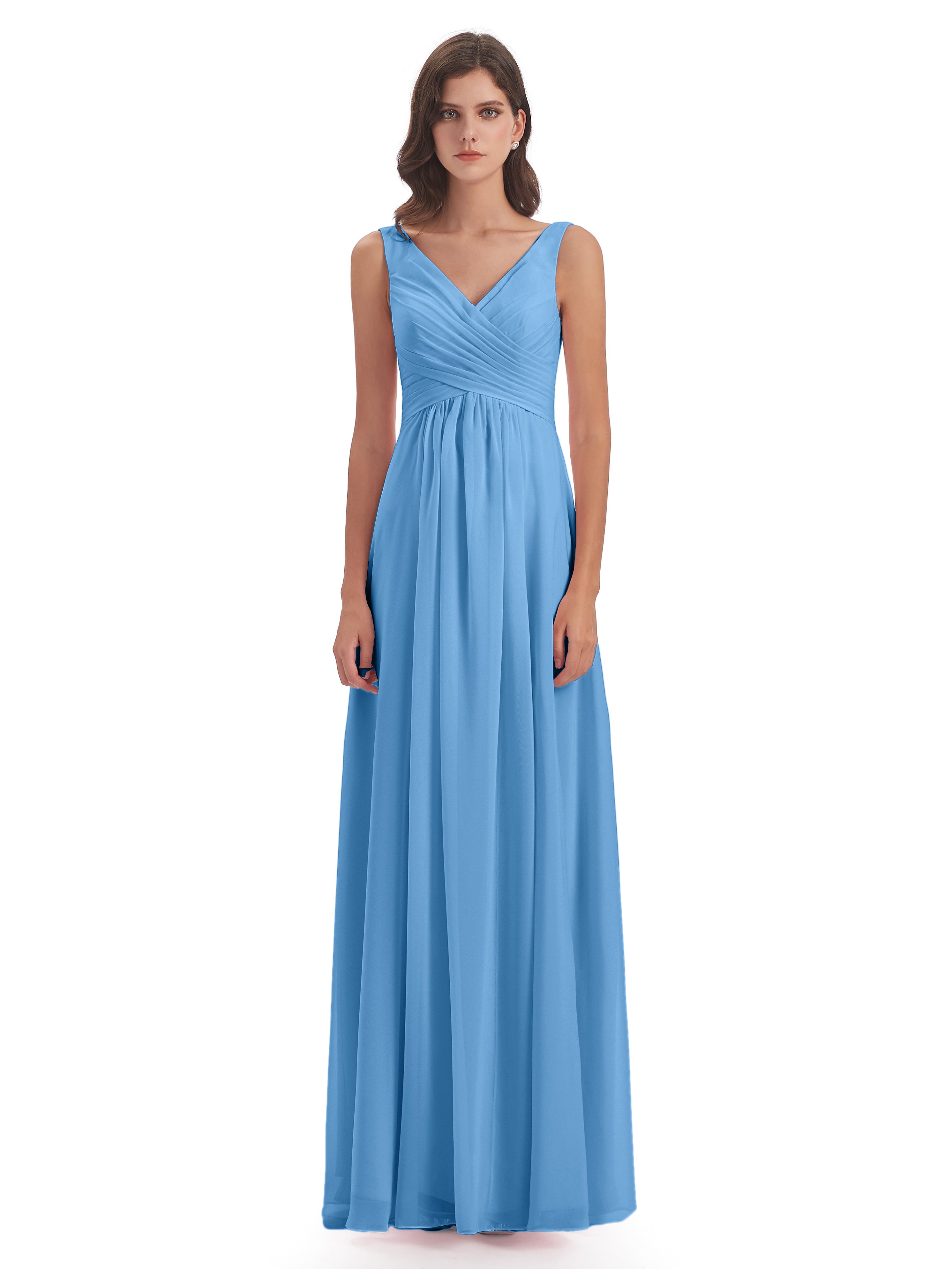 Robes De Demoiselle D'Honneur Bleu Clair Longues Col V Fendue Mousseline Robes Demoiselle D'Honneur