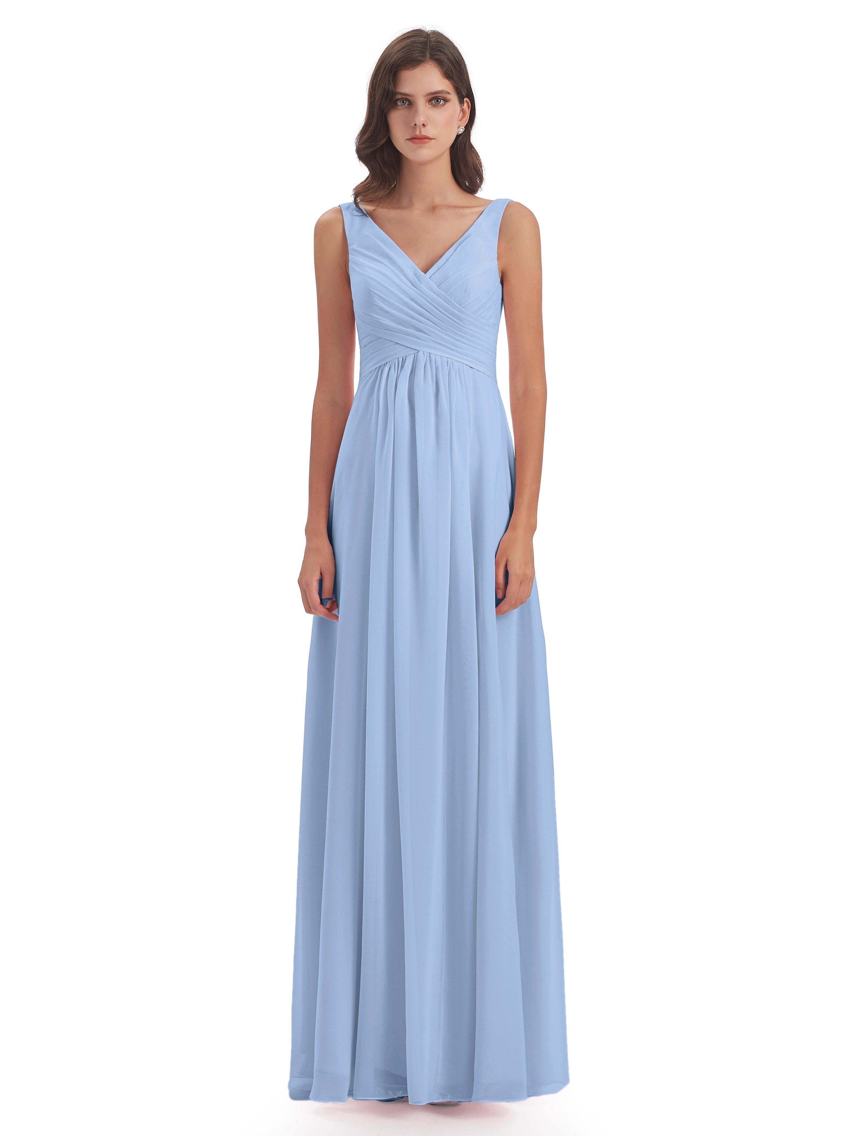 Robe Demoiselle D Honneur Bleu Ciel Col V Fendue Mousseline Robes Demoiselle D'Honneur