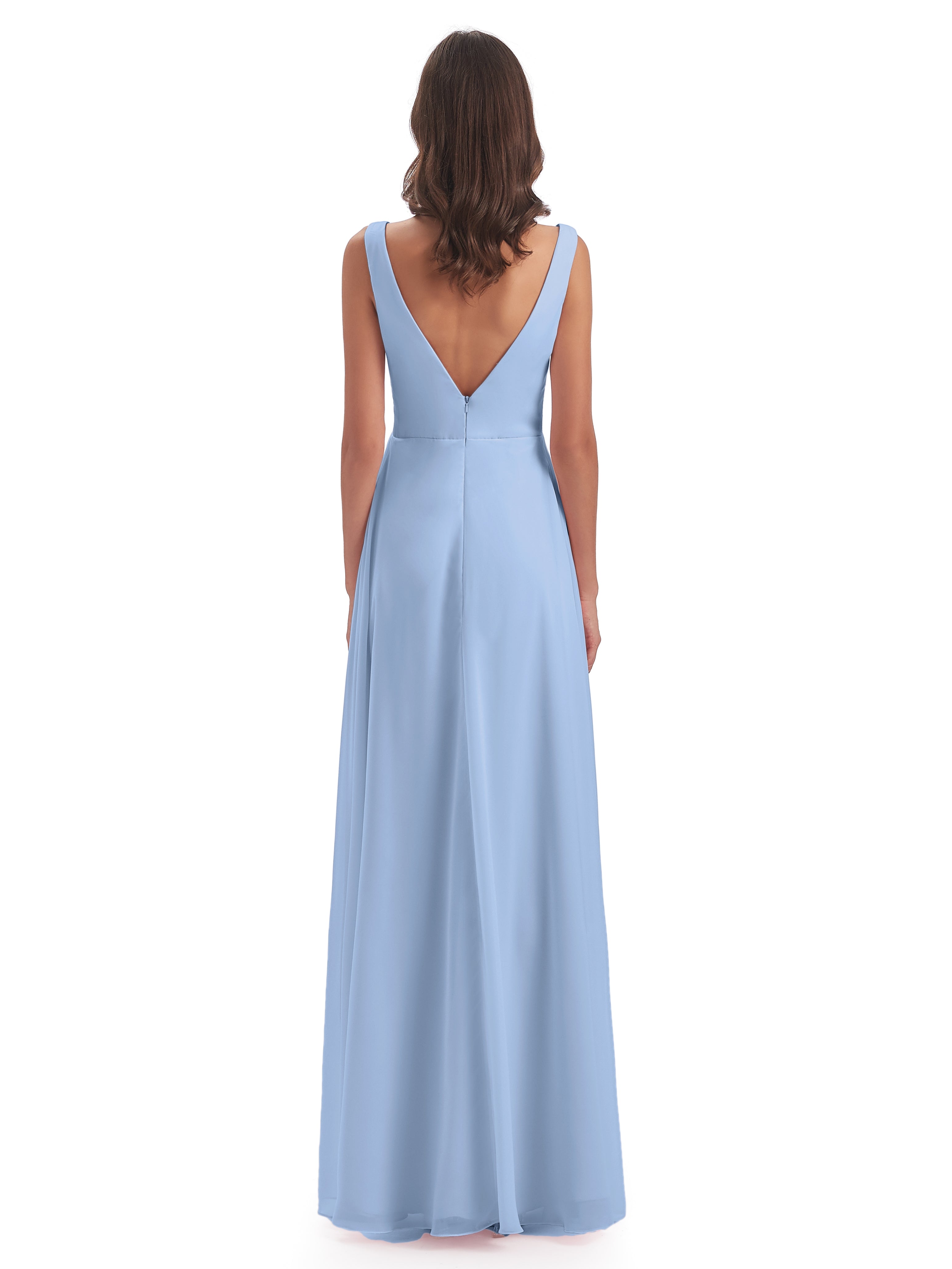 Robe Demoiselle D Honneur Bleu Ciel Col V Fendue Mousseline Robes Demoiselle D'Honneur