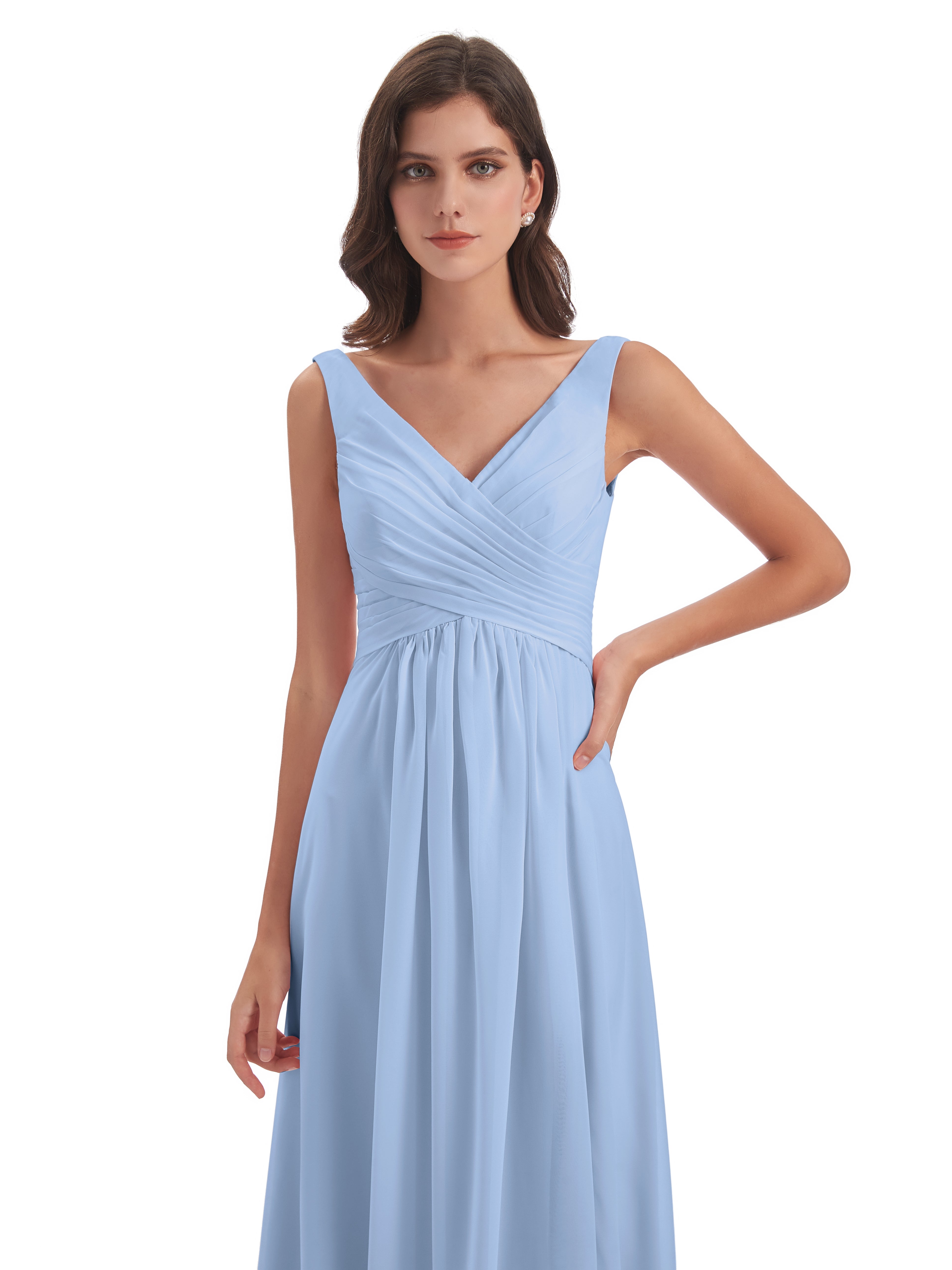 Robe Demoiselle D Honneur Bleu Ciel Col V Fendue Mousseline Robes Demoiselle D'Honneur