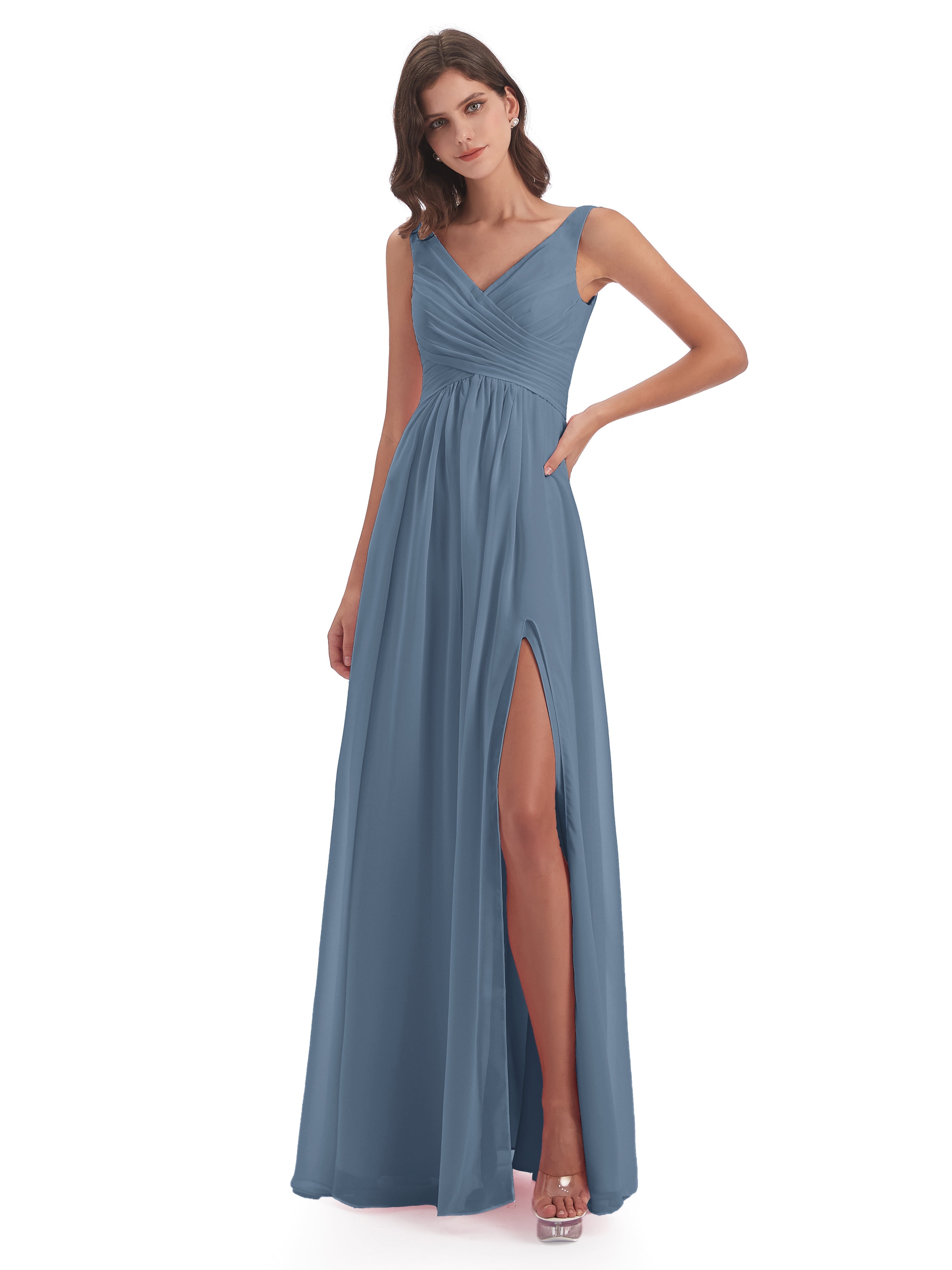 Robes De Demoiselle D'Honneur Bleu De Schiste Col V Fendue Mousseline Robes Demoiselle D'Honneur