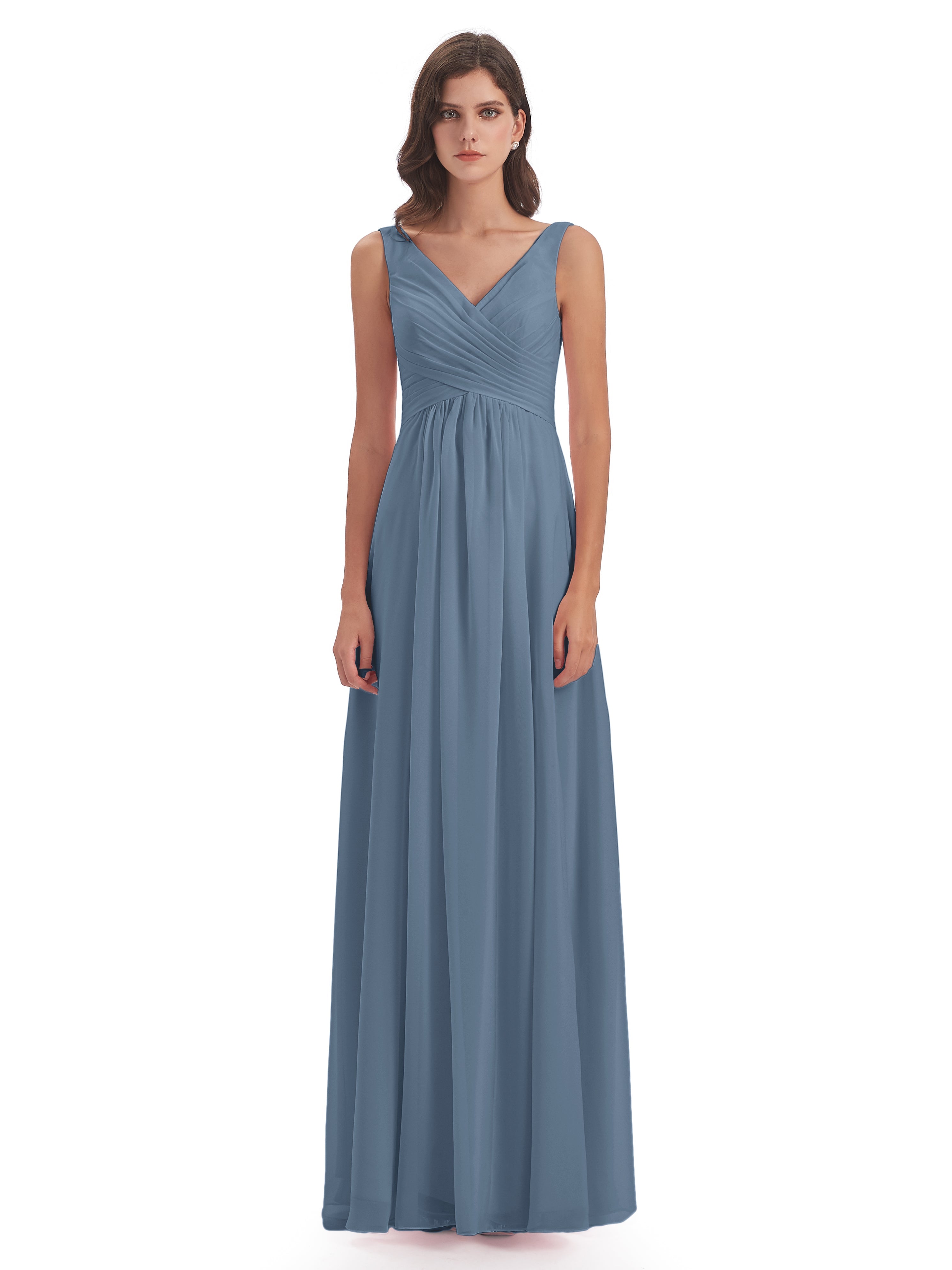 Robes De Demoiselle D'Honneur Bleu De Schiste Col V Fendue Mousseline Robes Demoiselle D'Honneur