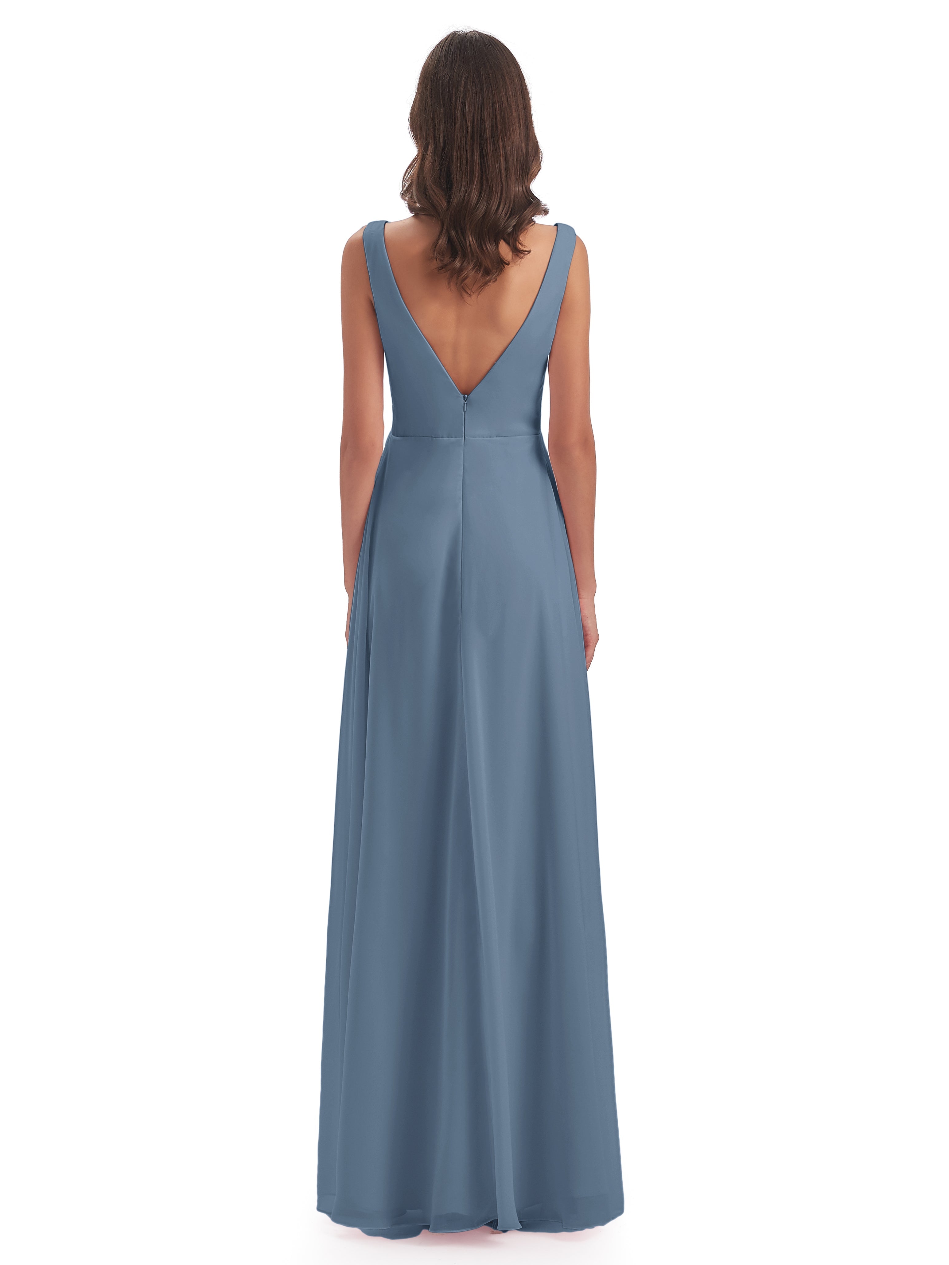 Robes De Demoiselle D'Honneur Bleu De Schiste Col V Fendue Mousseline Robes Demoiselle D'Honneur