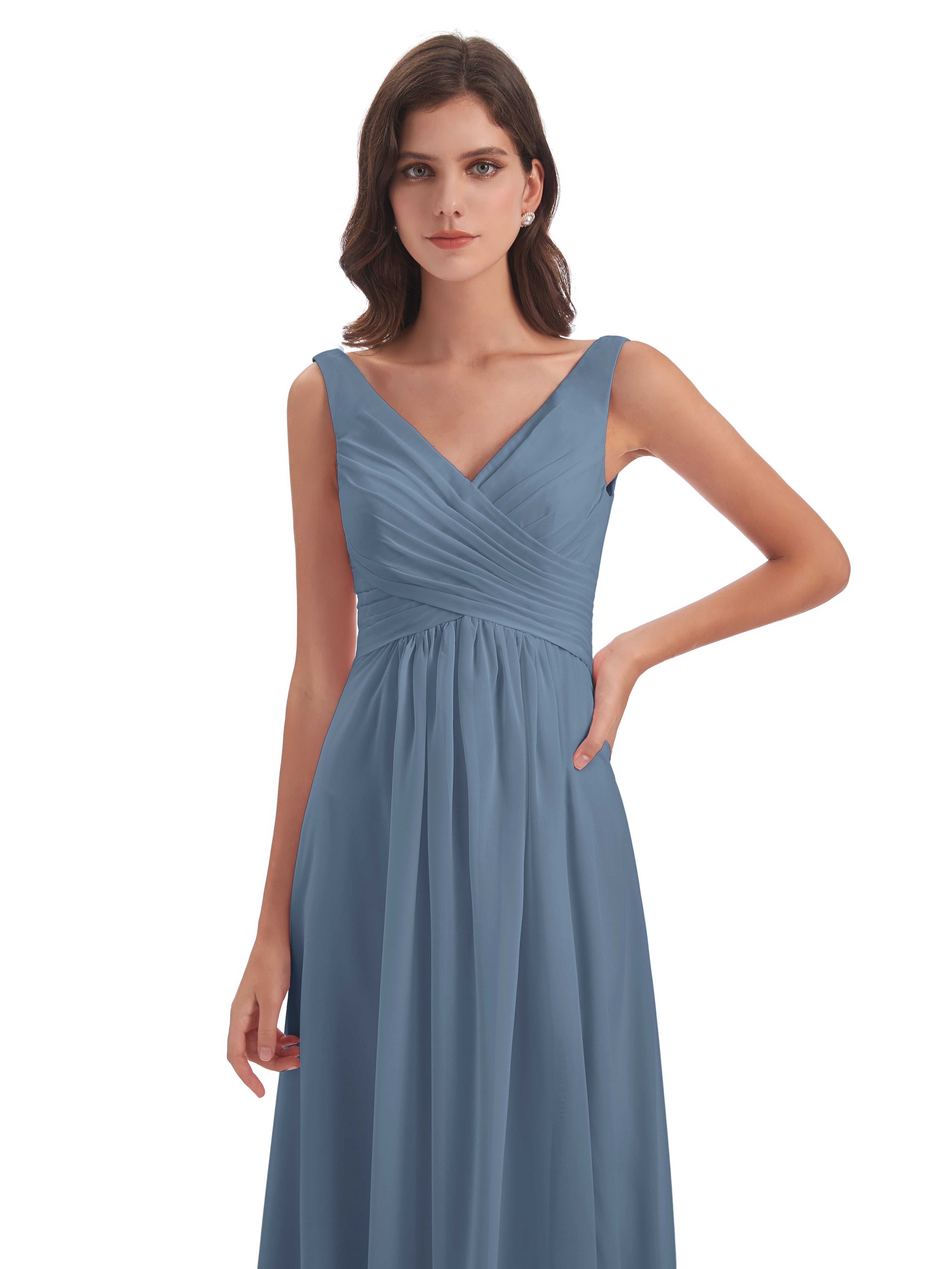 Robes De Demoiselle D'Honneur Bleu De Schiste Col V Fendue Mousseline Robes Demoiselle D'Honneur