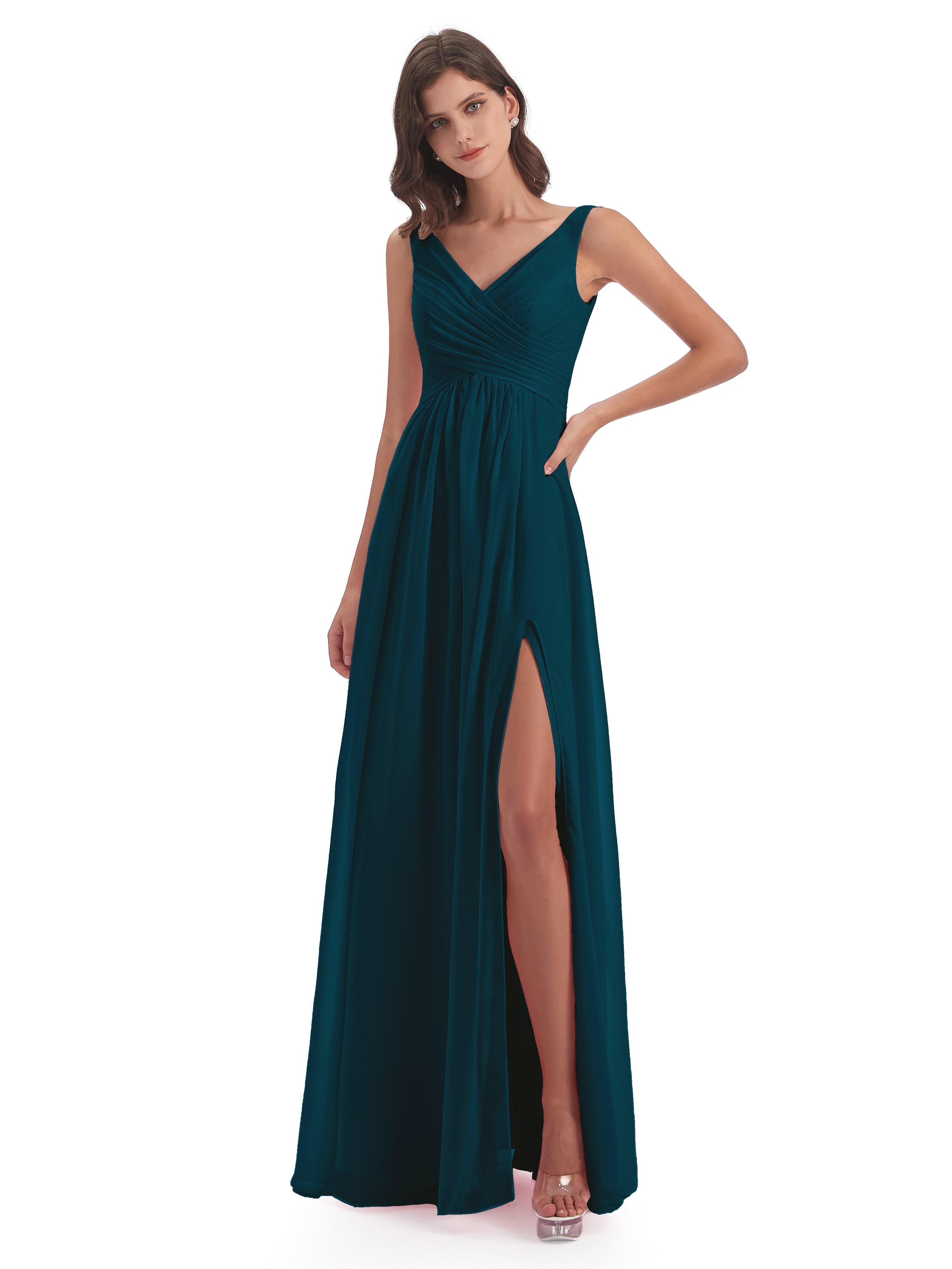 Robe De Demoiselle D'Honneur Bleu Encre Col V Fendue Mousseline Robes Demoiselle D'Honneur