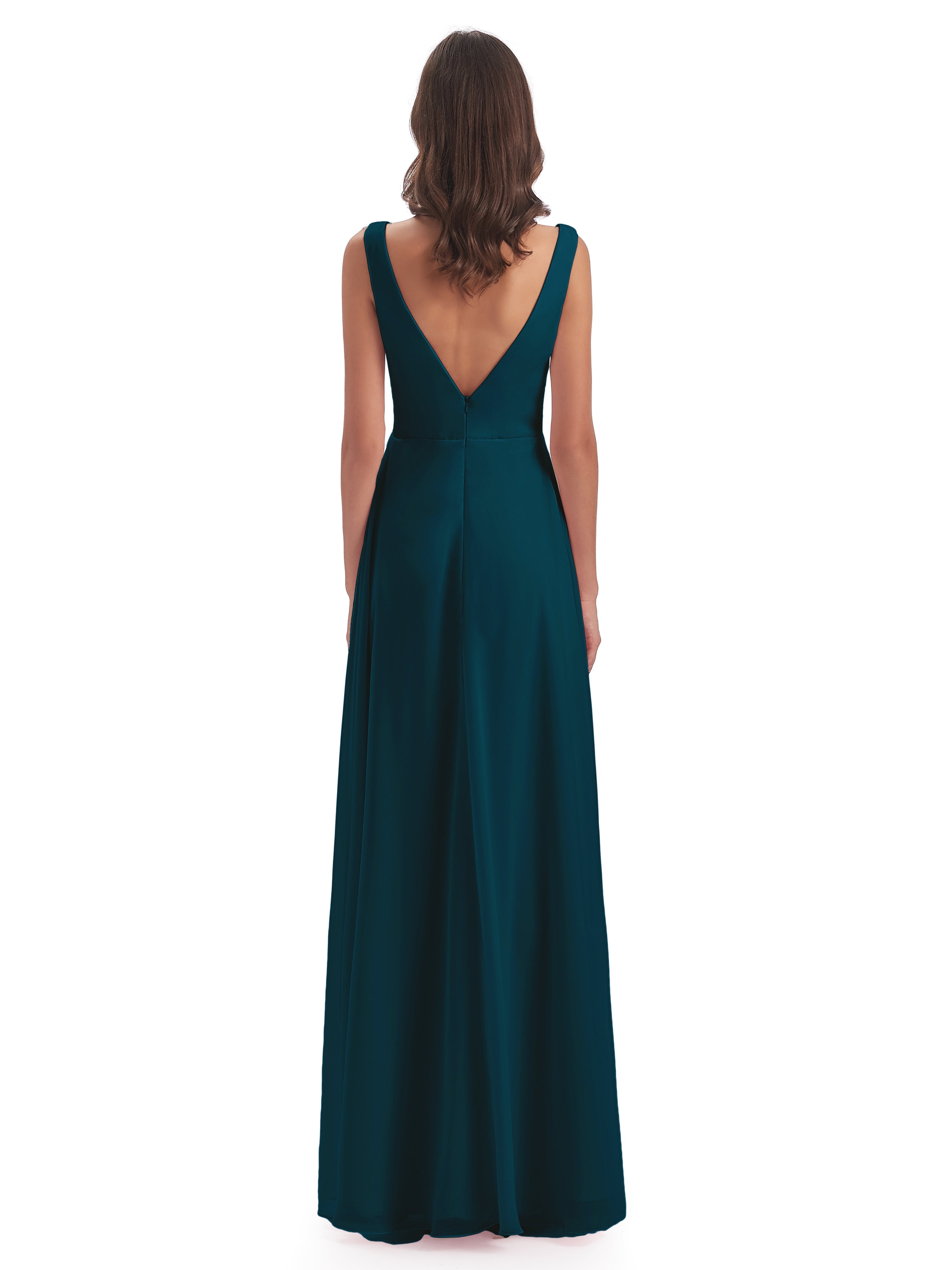 Robe De Demoiselle D'Honneur Bleu Encre Col V Fendue Mousseline Robes Demoiselle D'Honneur