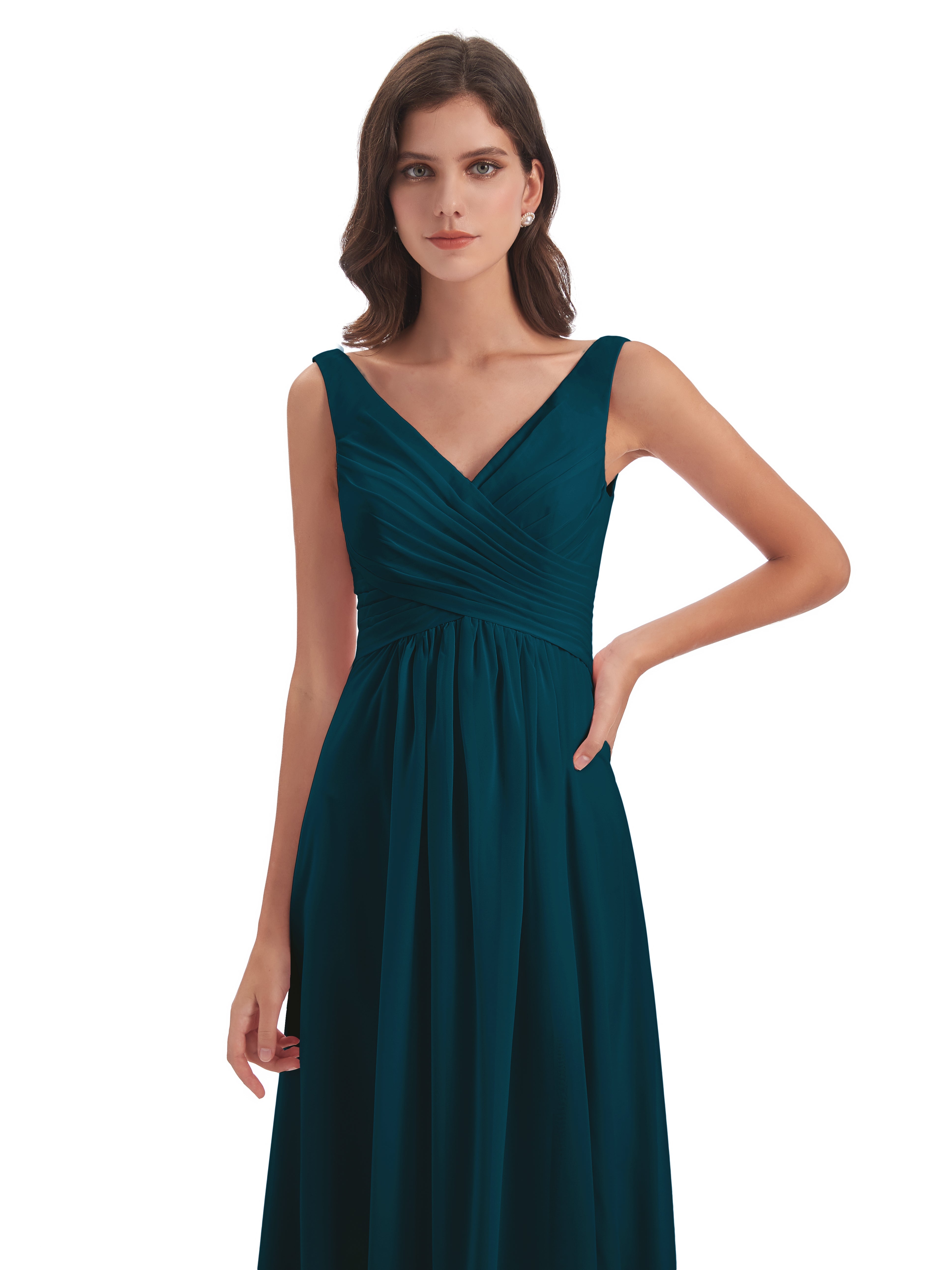 Robe De Demoiselle D'Honneur Bleu Encre Col V Fendue Mousseline Robes Demoiselle D'Honneur