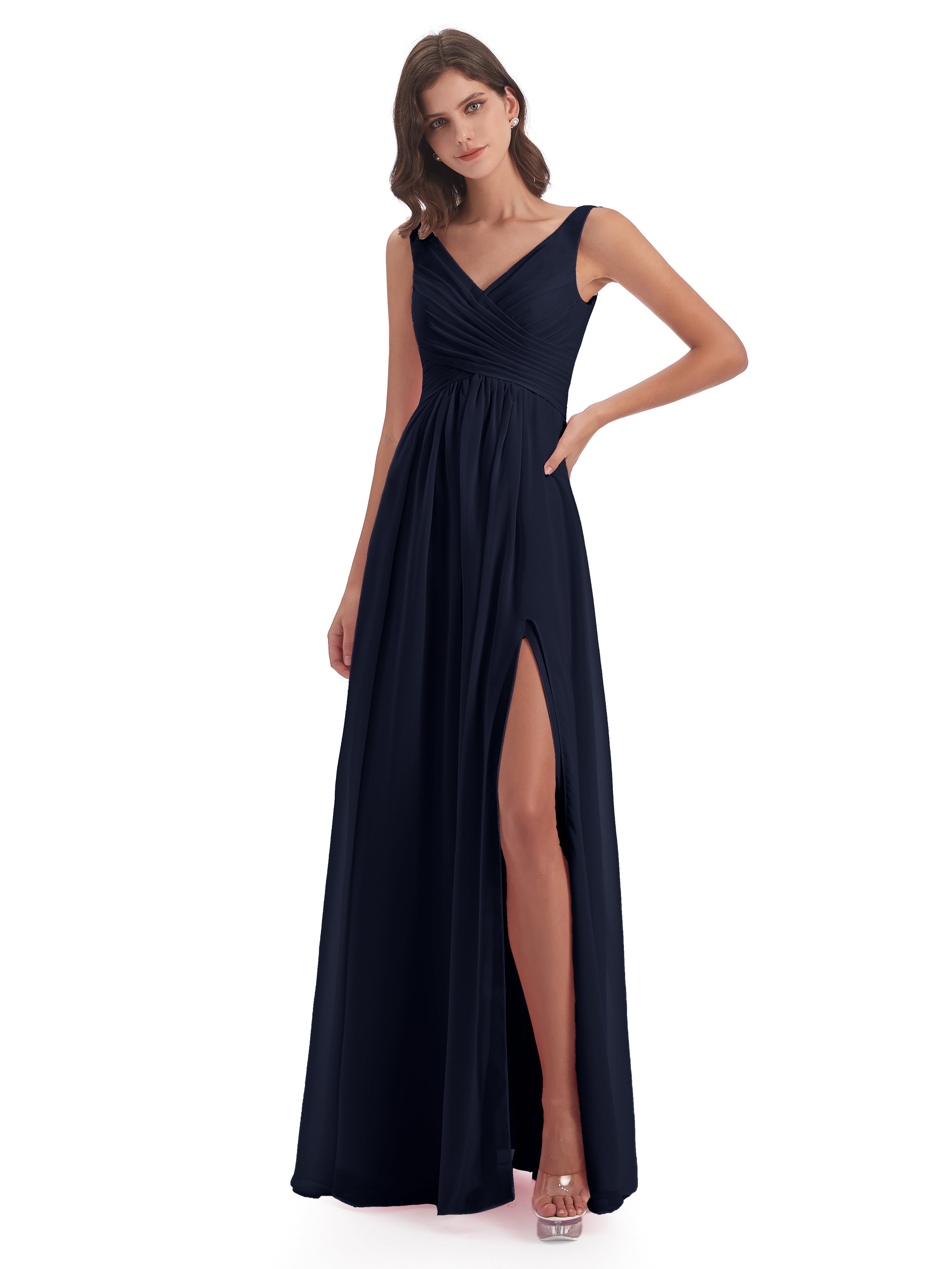Robe Demoiselle D Honneur Bleue Marine Col V Fendue Mousseline Robes Demoiselle D'Honneur