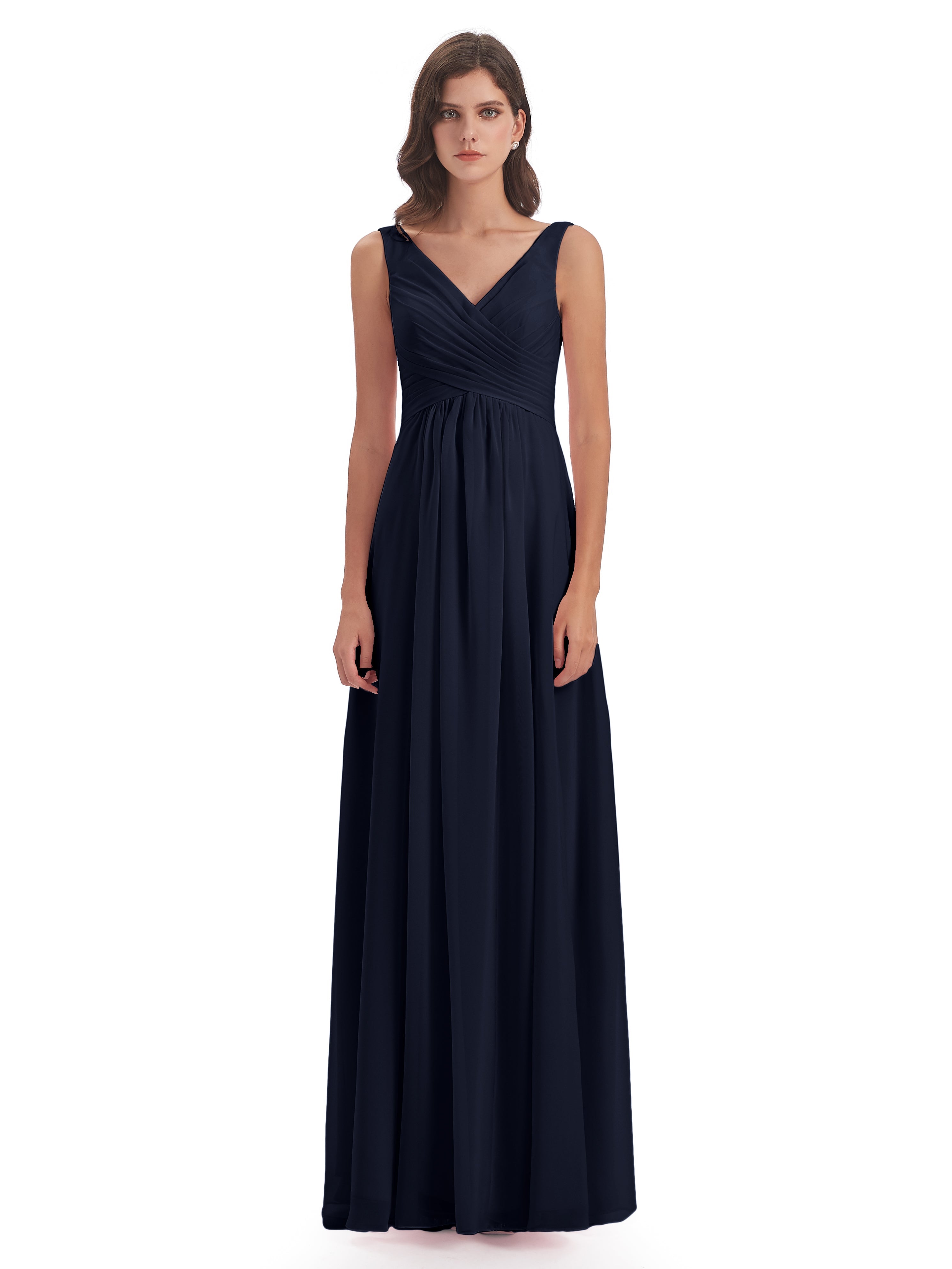 Robe Demoiselle D Honneur Bleue Marine Col V Fendue Mousseline Robes Demoiselle D'Honneur