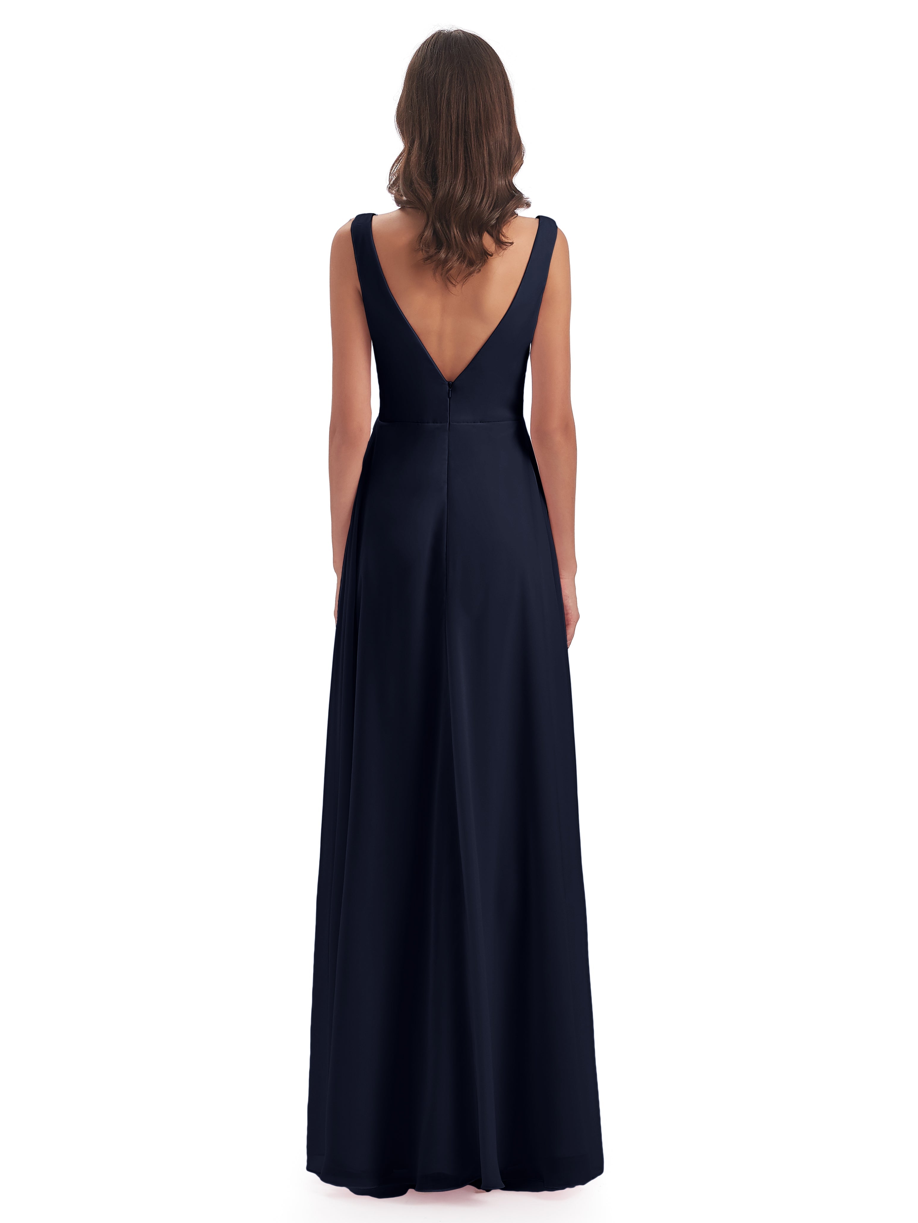 Robe Demoiselle D Honneur Bleue Marine Col V Fendue Mousseline Robes Demoiselle D'Honneur