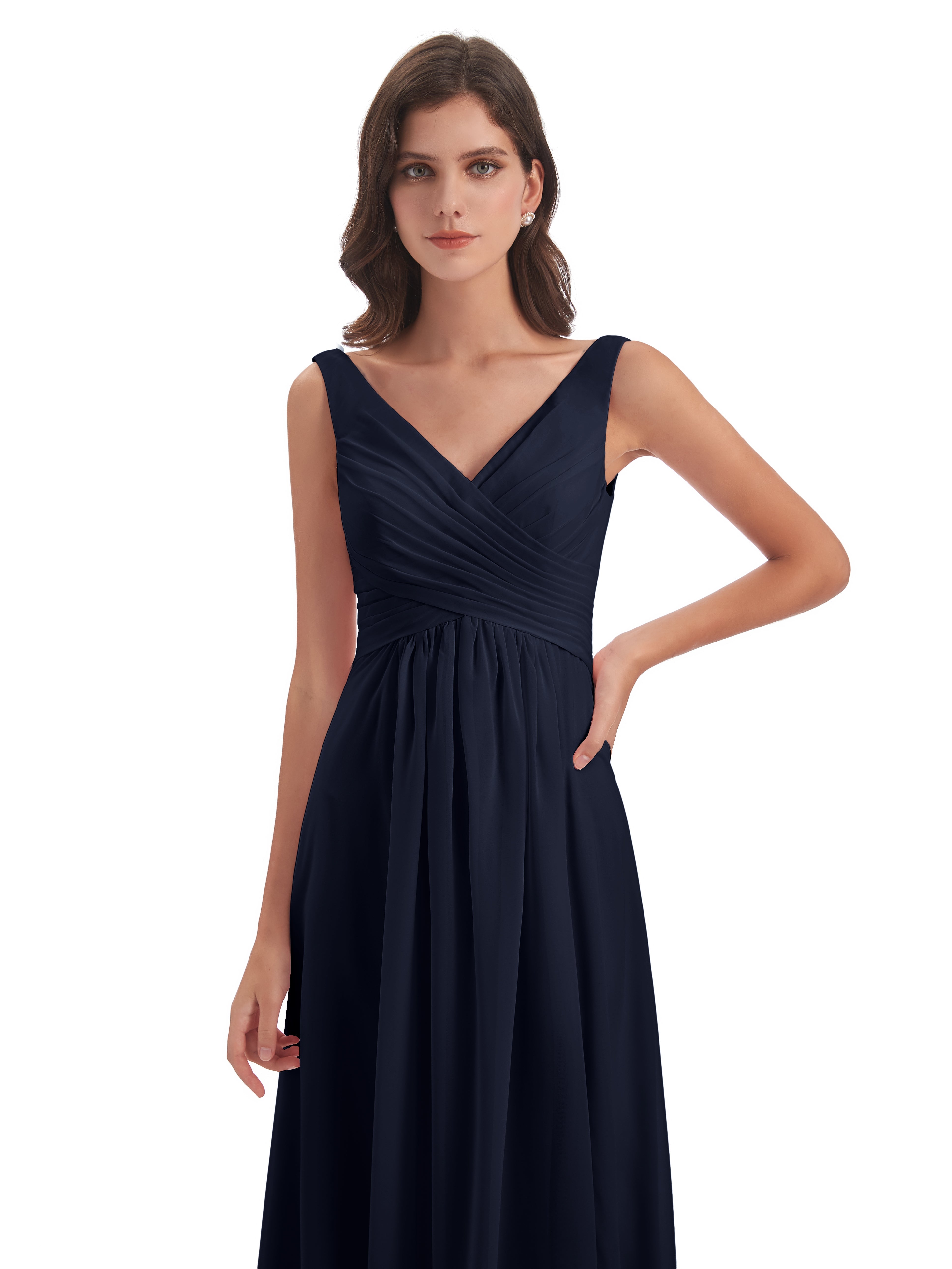 Robe Demoiselle D Honneur Bleue Marine Col V Fendue Mousseline Robes Demoiselle D'Honneur