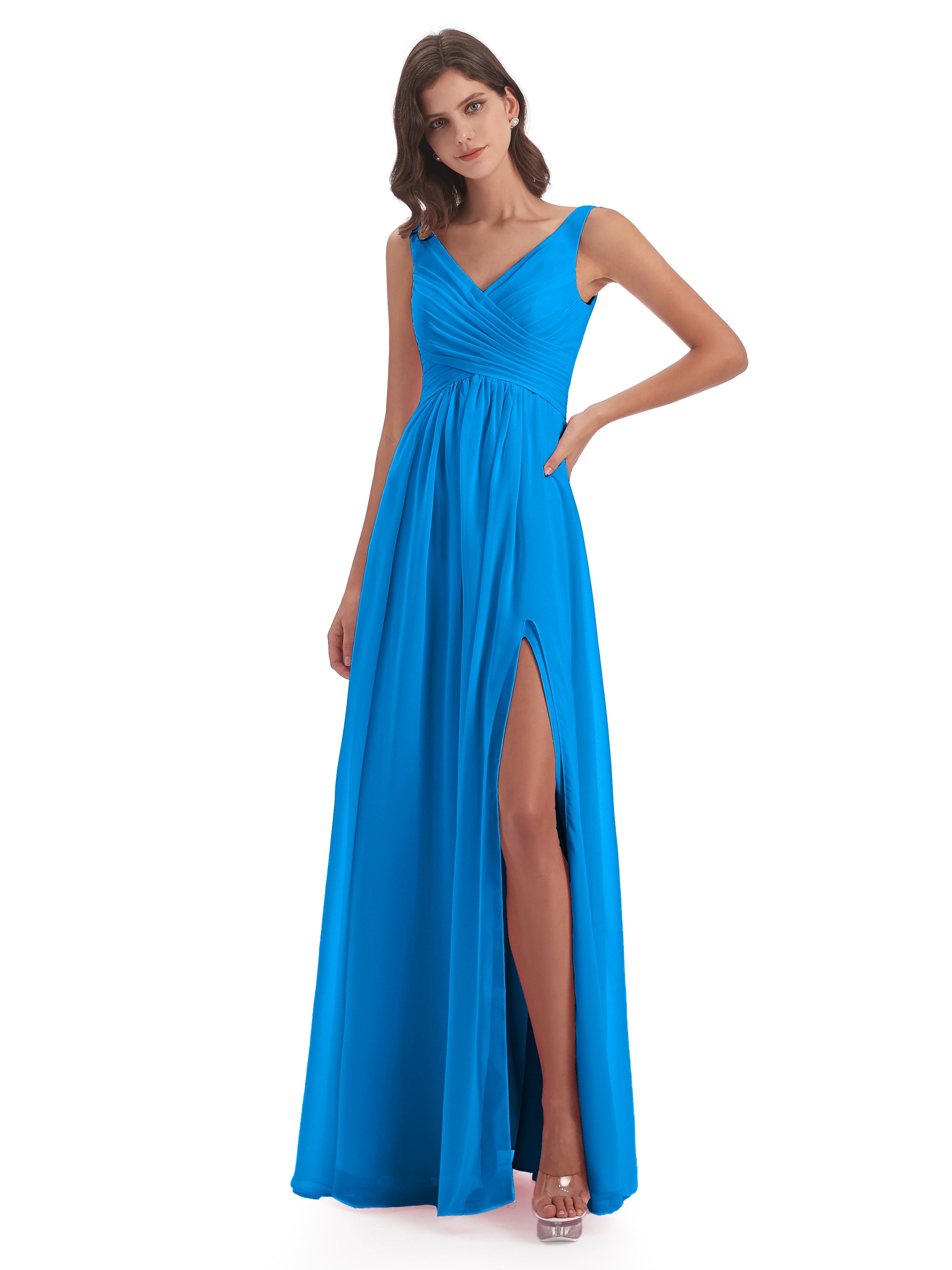 Robes De Demoiselle D'Honneur Bleu Océan Col V Fendue Mousseline Robes Demoiselle D'Honneur