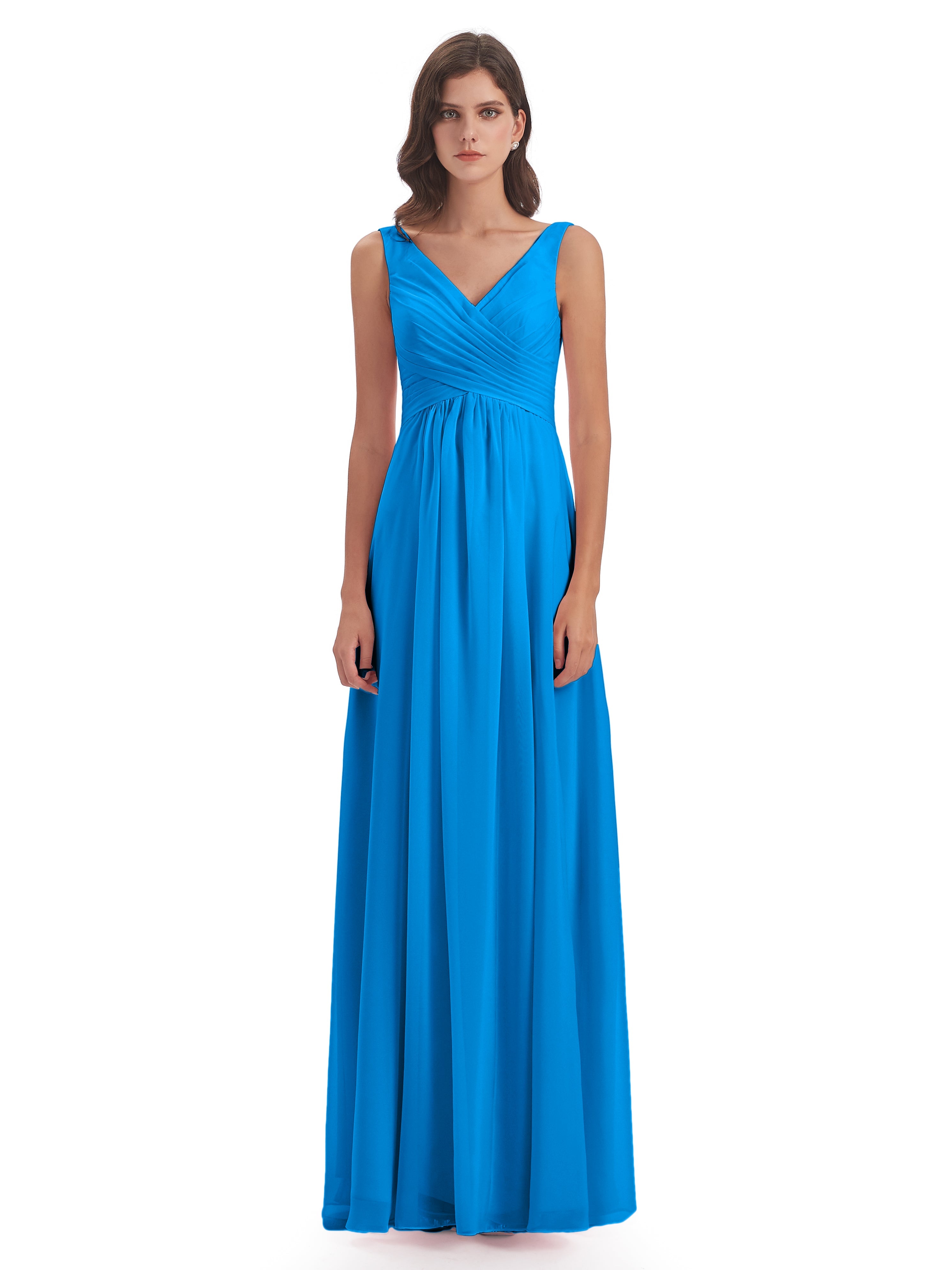 Robes De Demoiselle D'Honneur Bleu Océan Col V Fendue Mousseline Robes Demoiselle D'Honneur