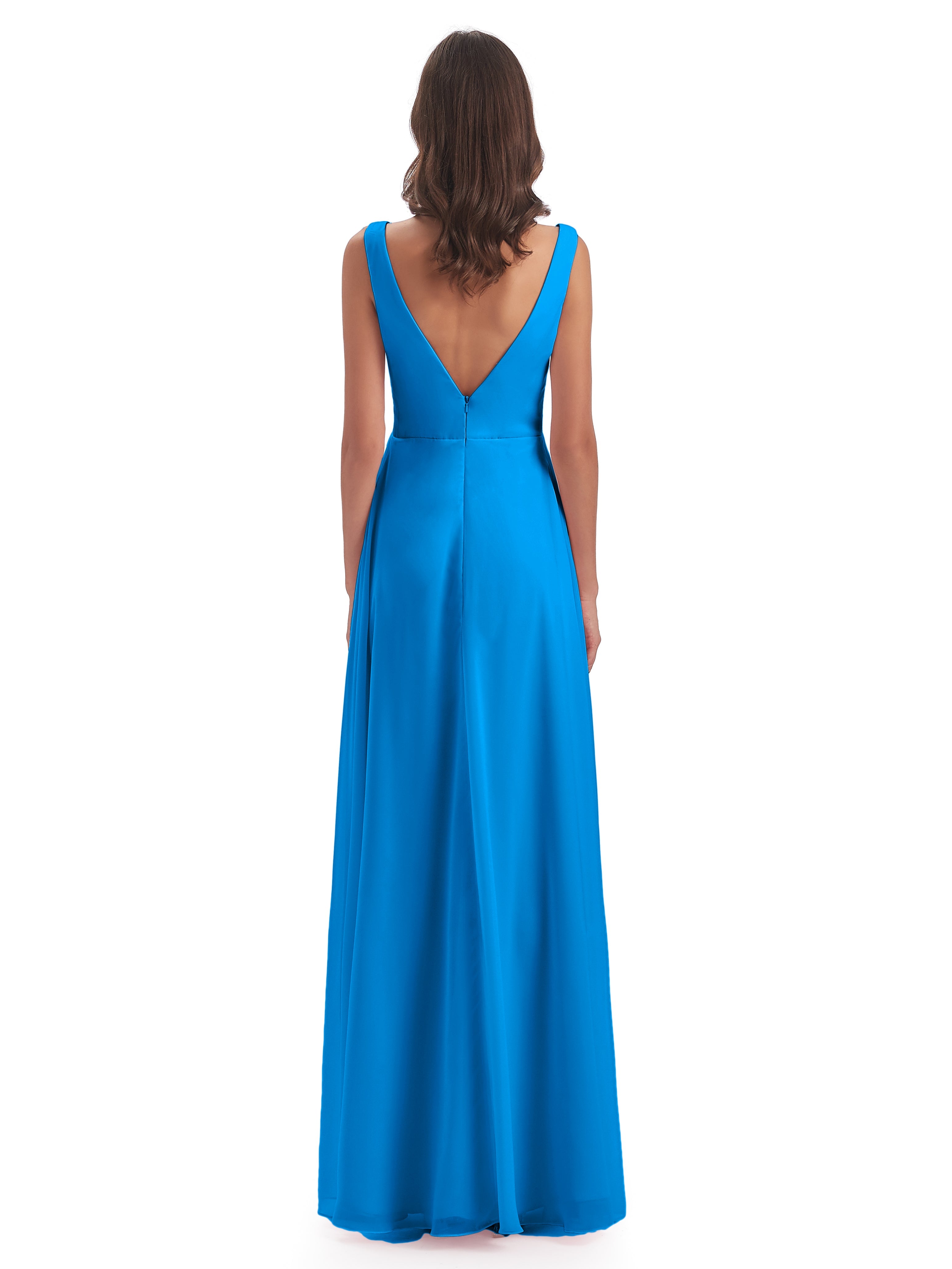 Robes De Demoiselle D'Honneur Bleu Océan Col V Fendue Mousseline Robes Demoiselle D'Honneur