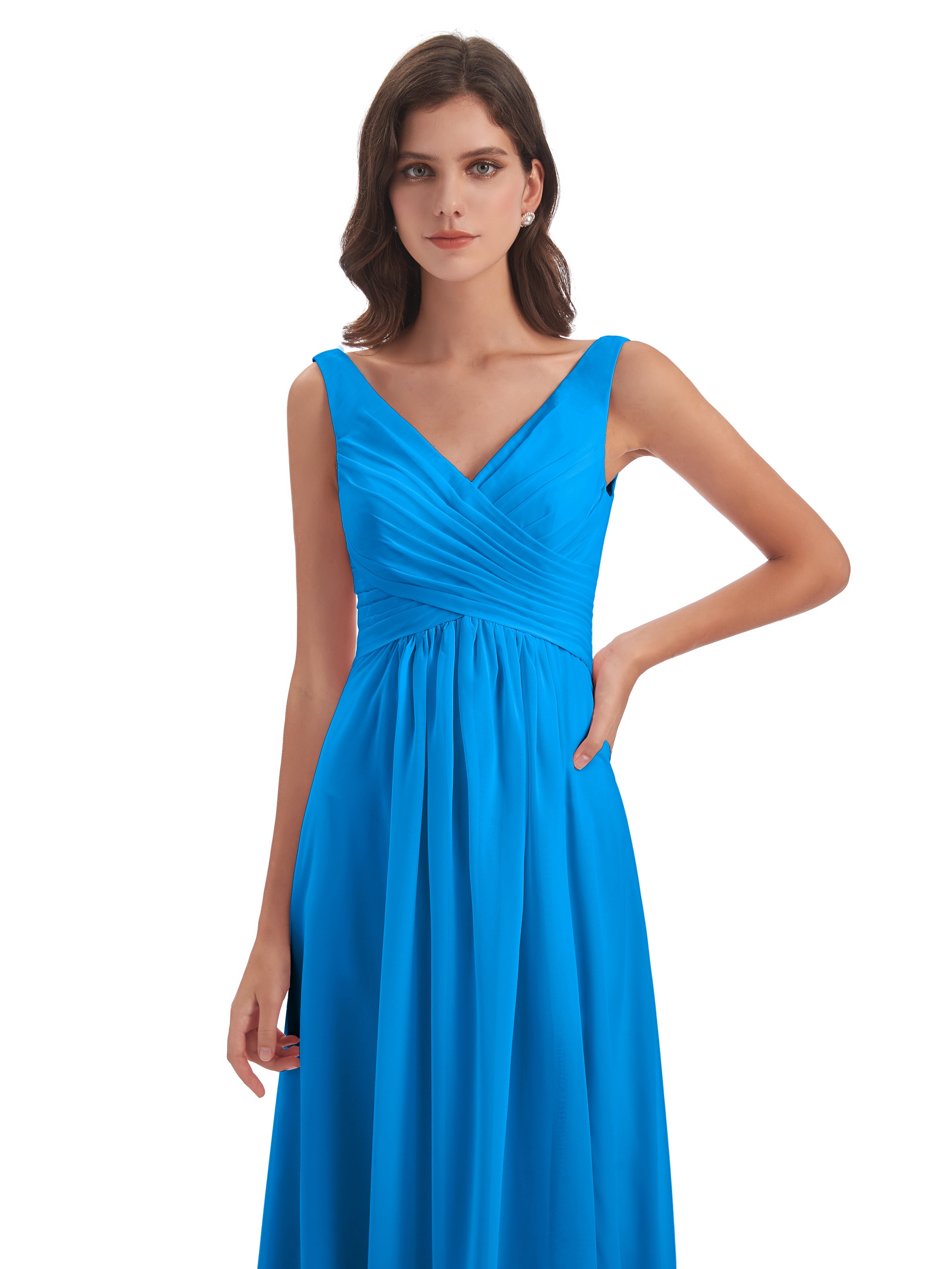 Robes De Demoiselle D'Honneur Bleu Océan Col V Fendue Mousseline Robes Demoiselle D'Honneur