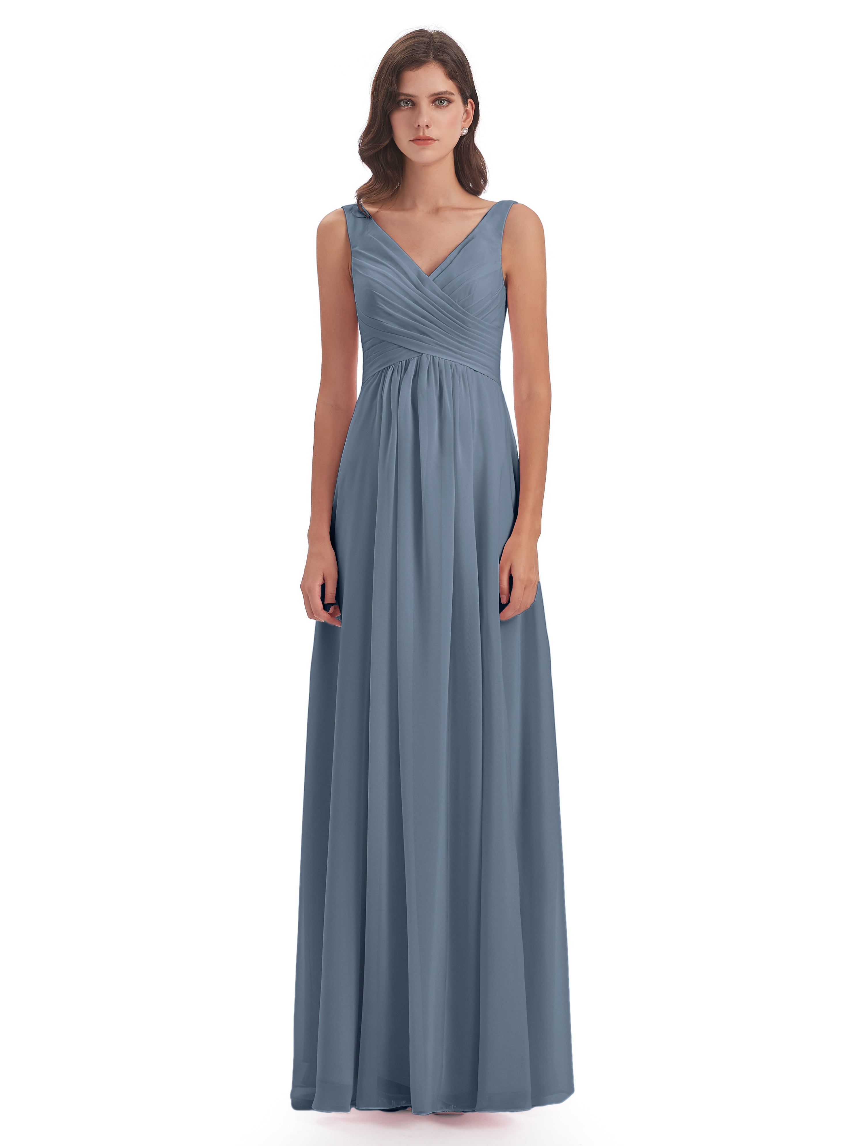 Robes De Demoiselle D'Honneur Bleu Gris Col V Fendue Mousseline Robes Demoiselle D'Honneur