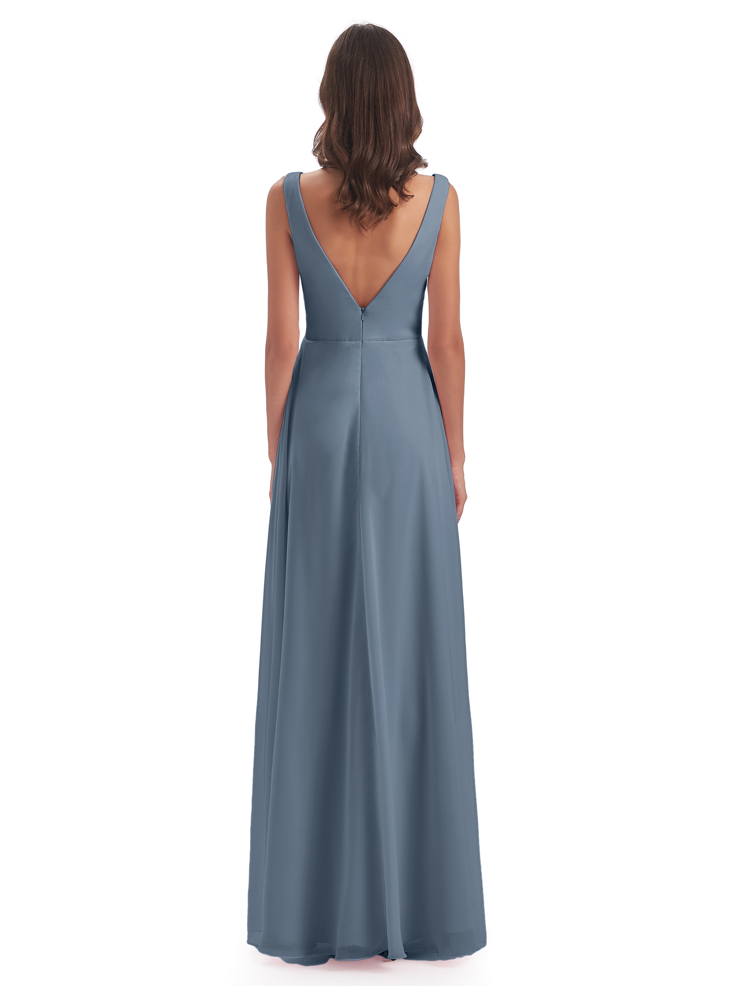 Robes De Demoiselle D'Honneur Bleu Gris Col V Fendue Mousseline Robes Demoiselle D'Honneur
