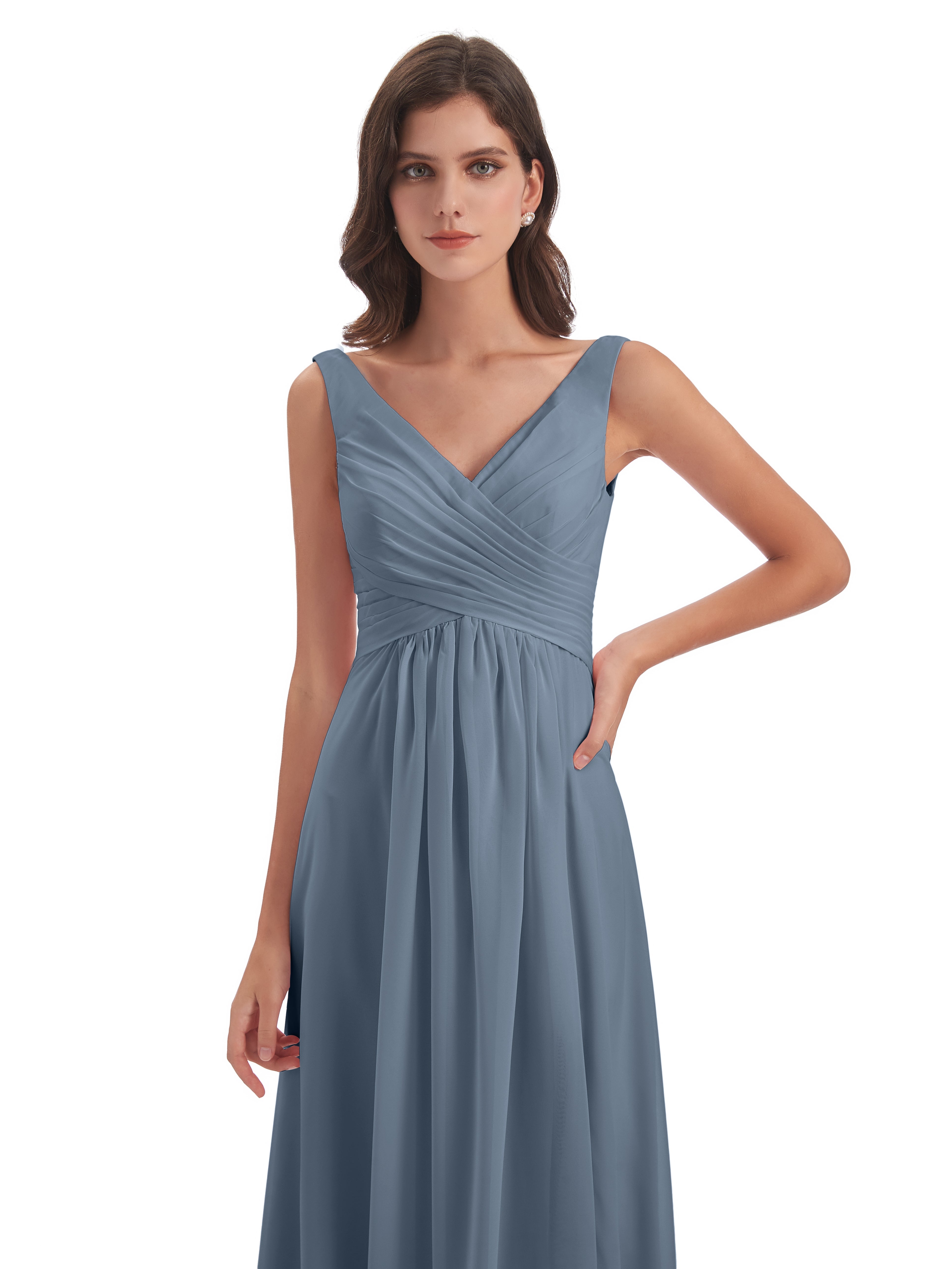 Robes De Demoiselle D'Honneur Bleu Gris Col V Fendue Mousseline Robes Demoiselle D'Honneur