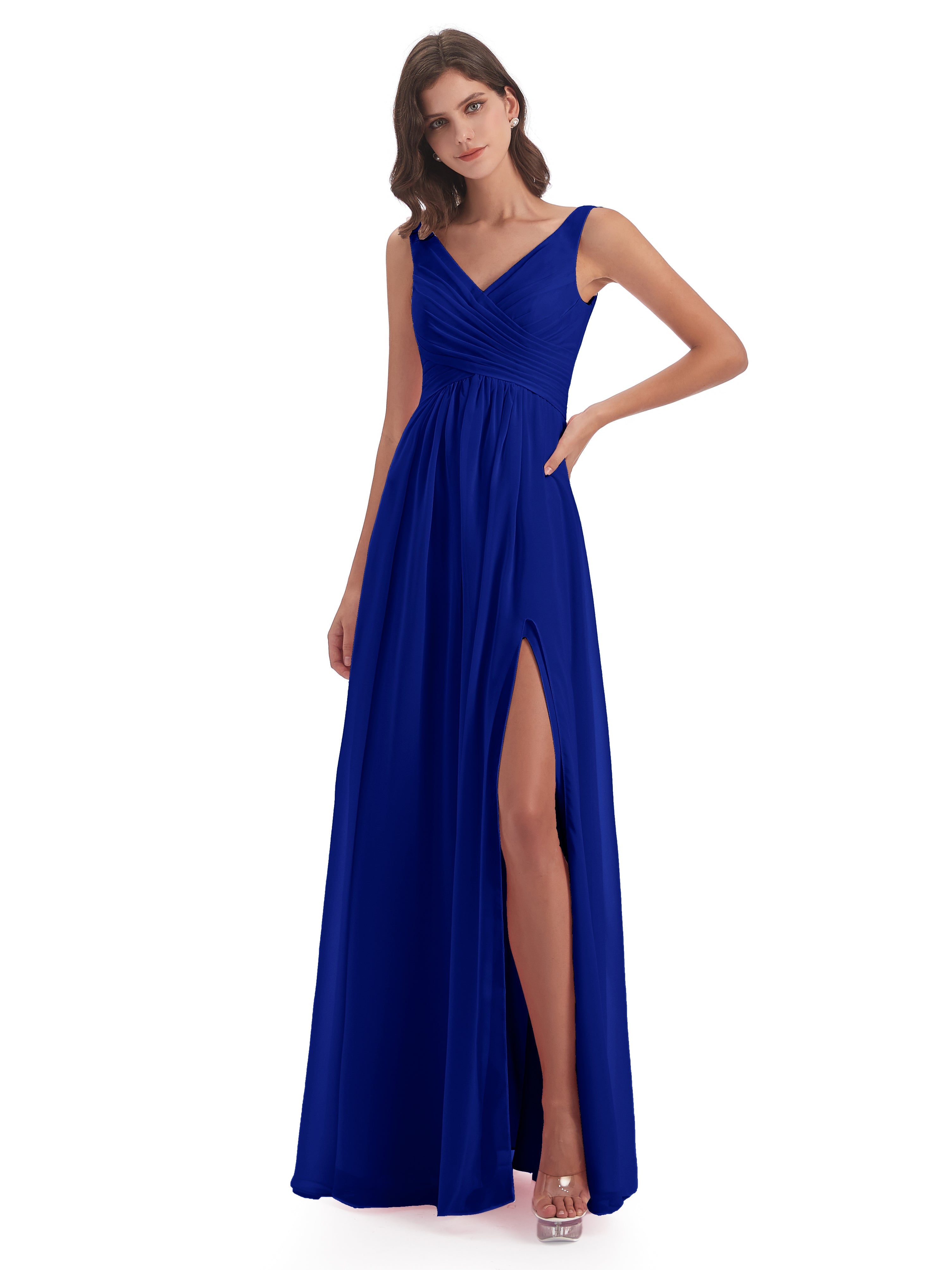 Mariage Robe Demoiselle D Honneur Bleu Roi Col V Fendue Mousseline Robes Demoiselle D'Honneur