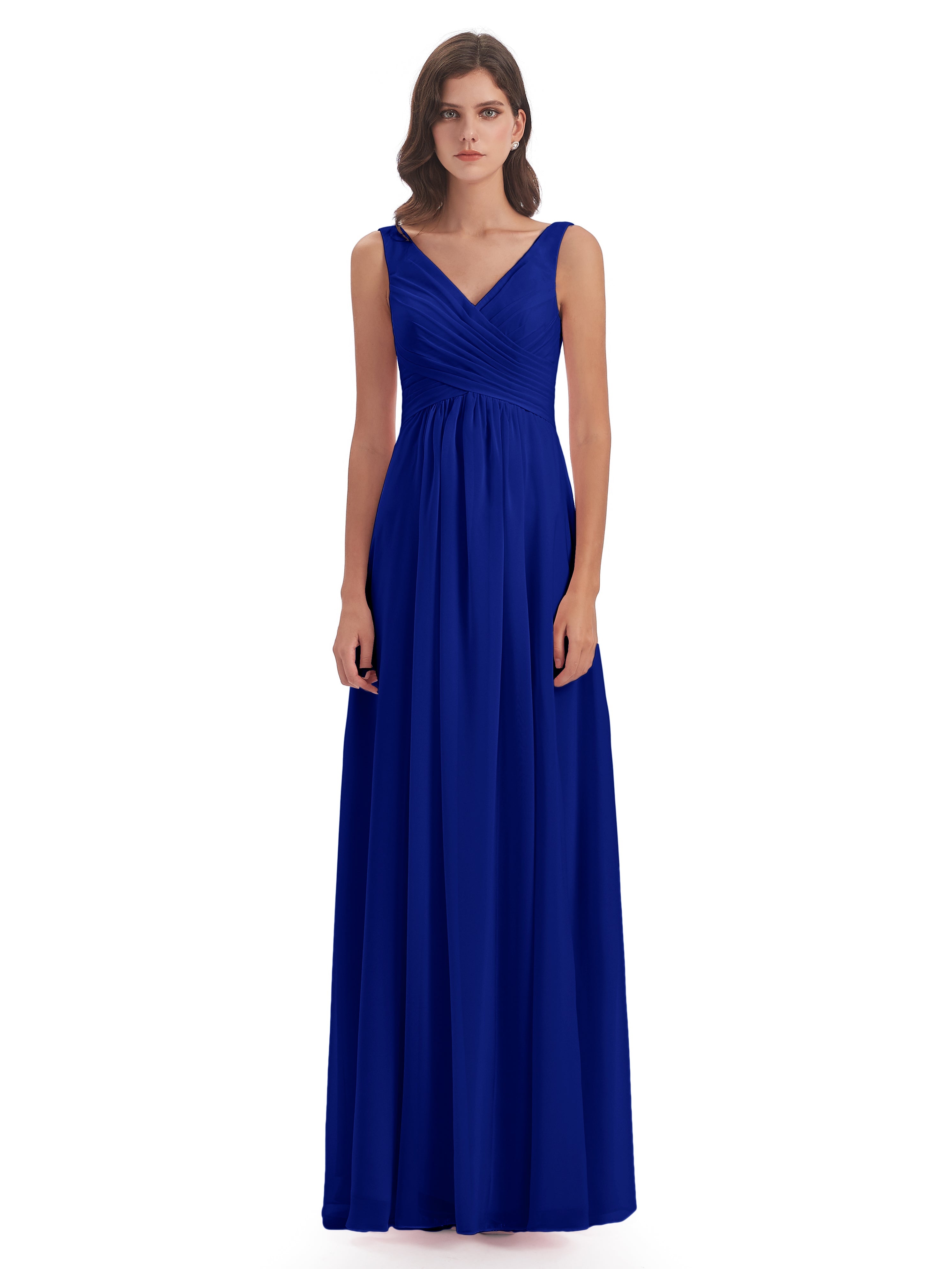 Mariage Robe Demoiselle D Honneur Bleu Roi Col V Fendue Mousseline Robes Demoiselle D'Honneur