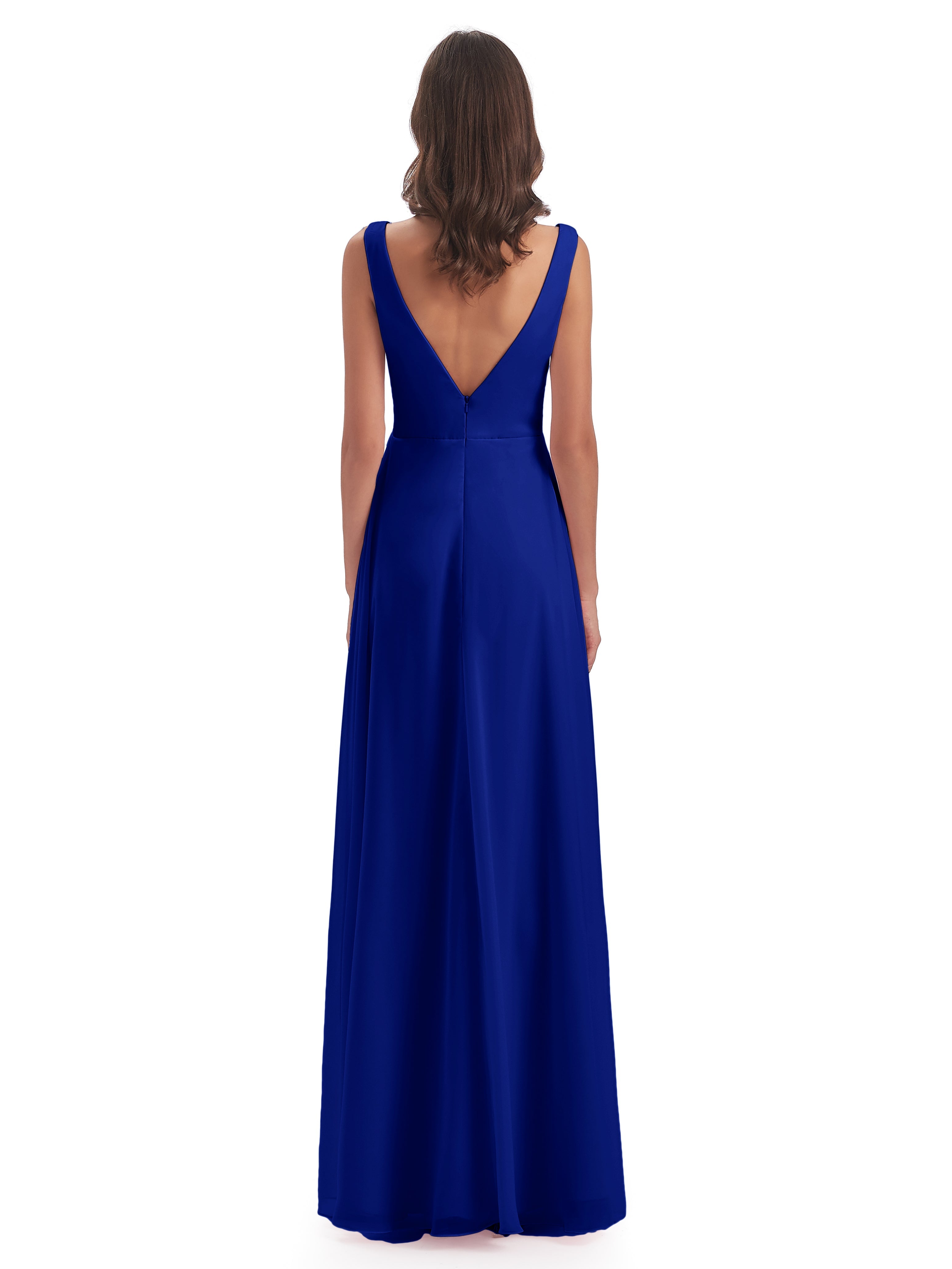 Mariage Robe Demoiselle D Honneur Bleu Roi Col V Fendue Mousseline Robes Demoiselle D'Honneur
