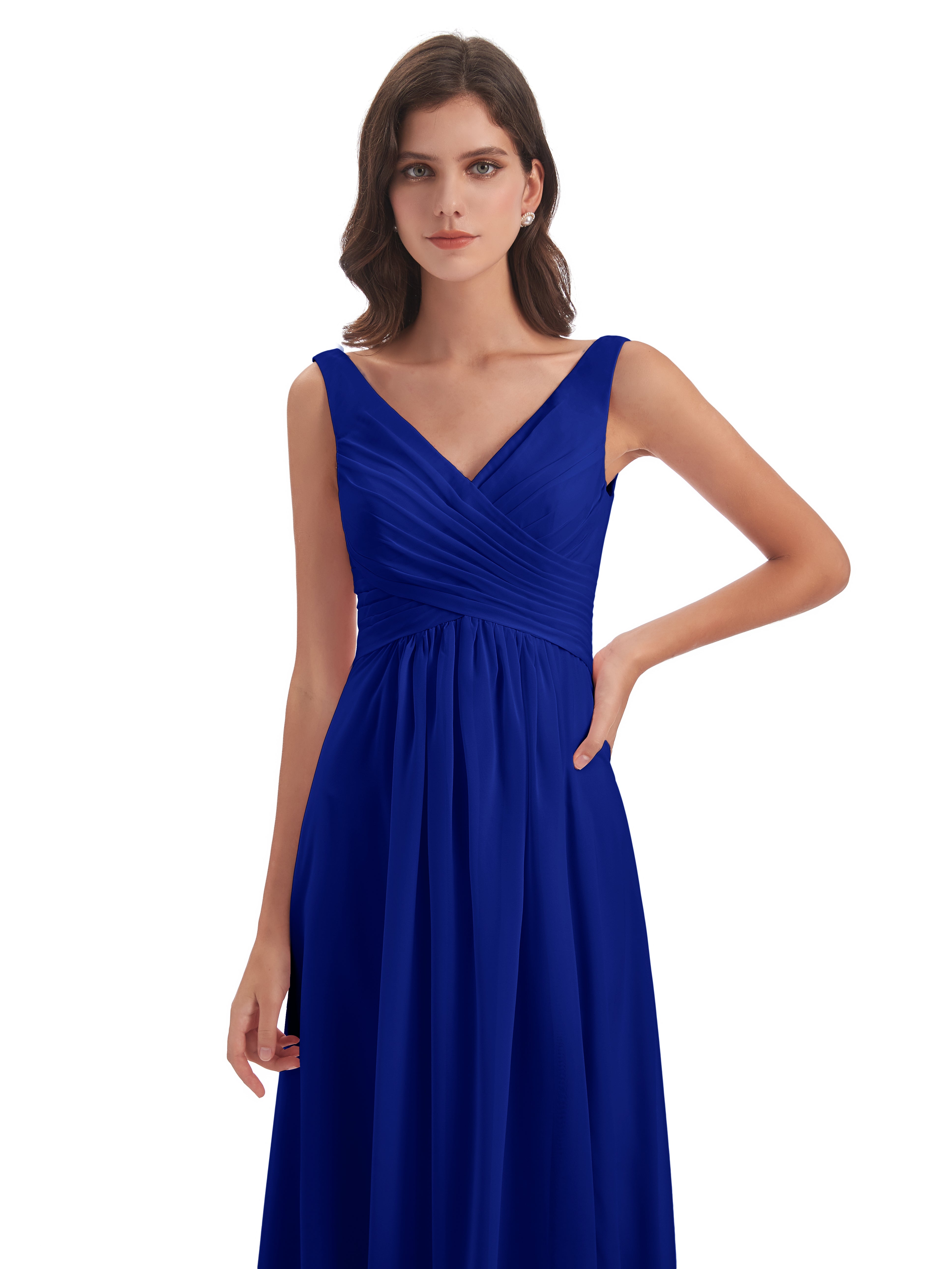 Mariage Robe Demoiselle D Honneur Bleu Roi Col V Fendue Mousseline Robes Demoiselle D'Honneur