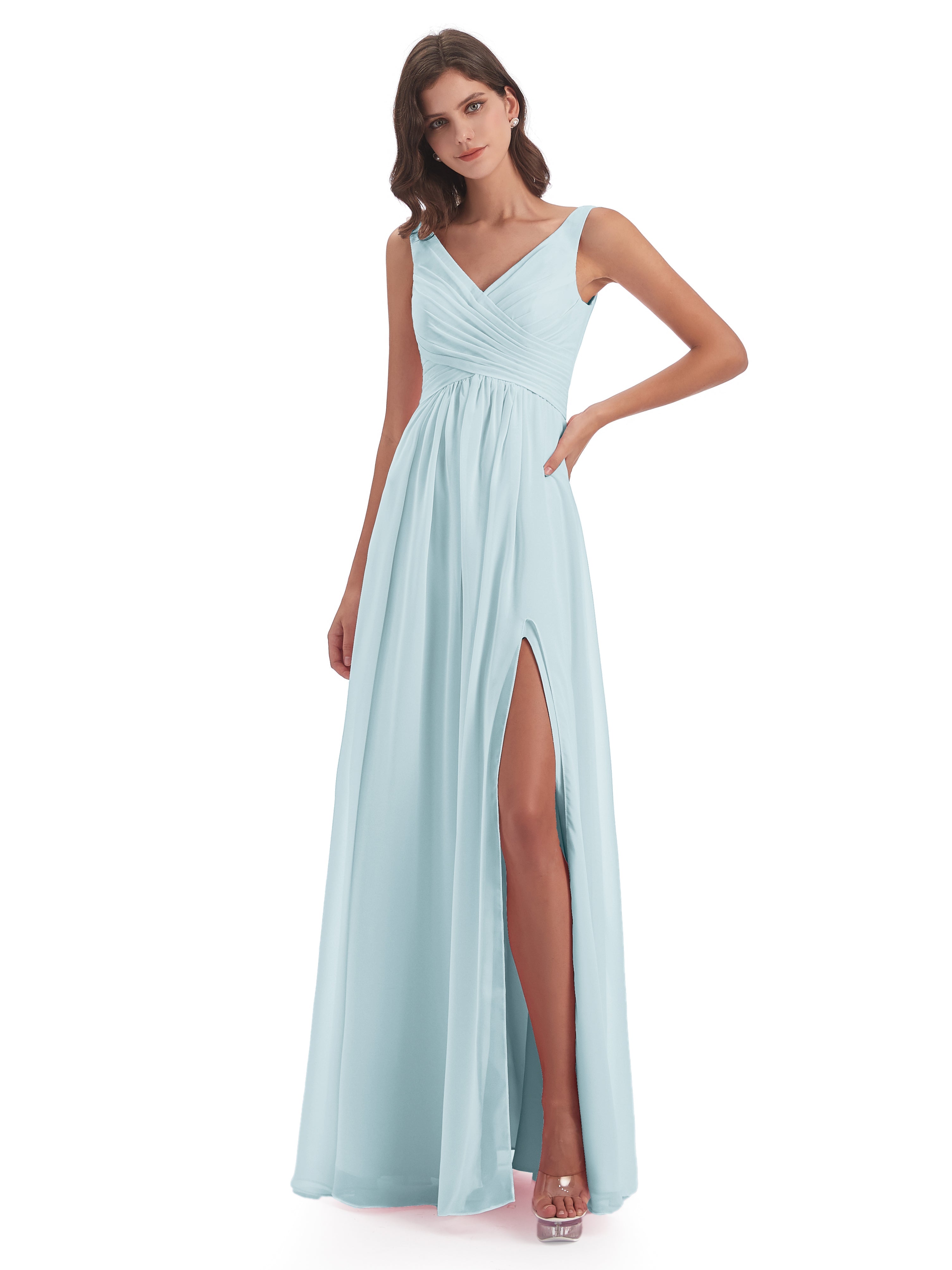 Robe De Demoiselle D'Honneur Brume Col V Fendue Mousseline Robes Demoiselle D'Honneur