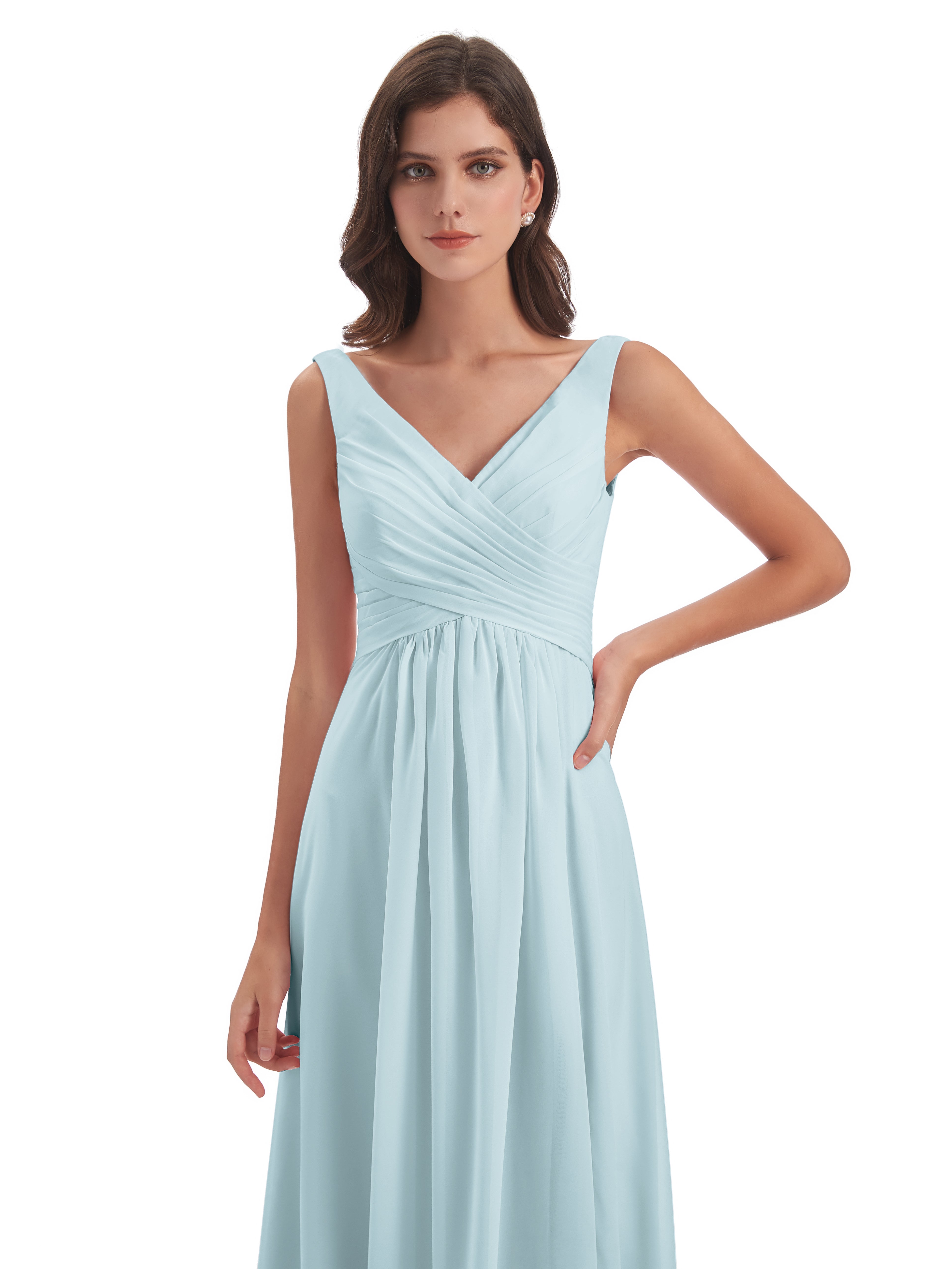 Robe De Demoiselle D'Honneur Brume Col V Fendue Mousseline Robes Demoiselle D'Honneur