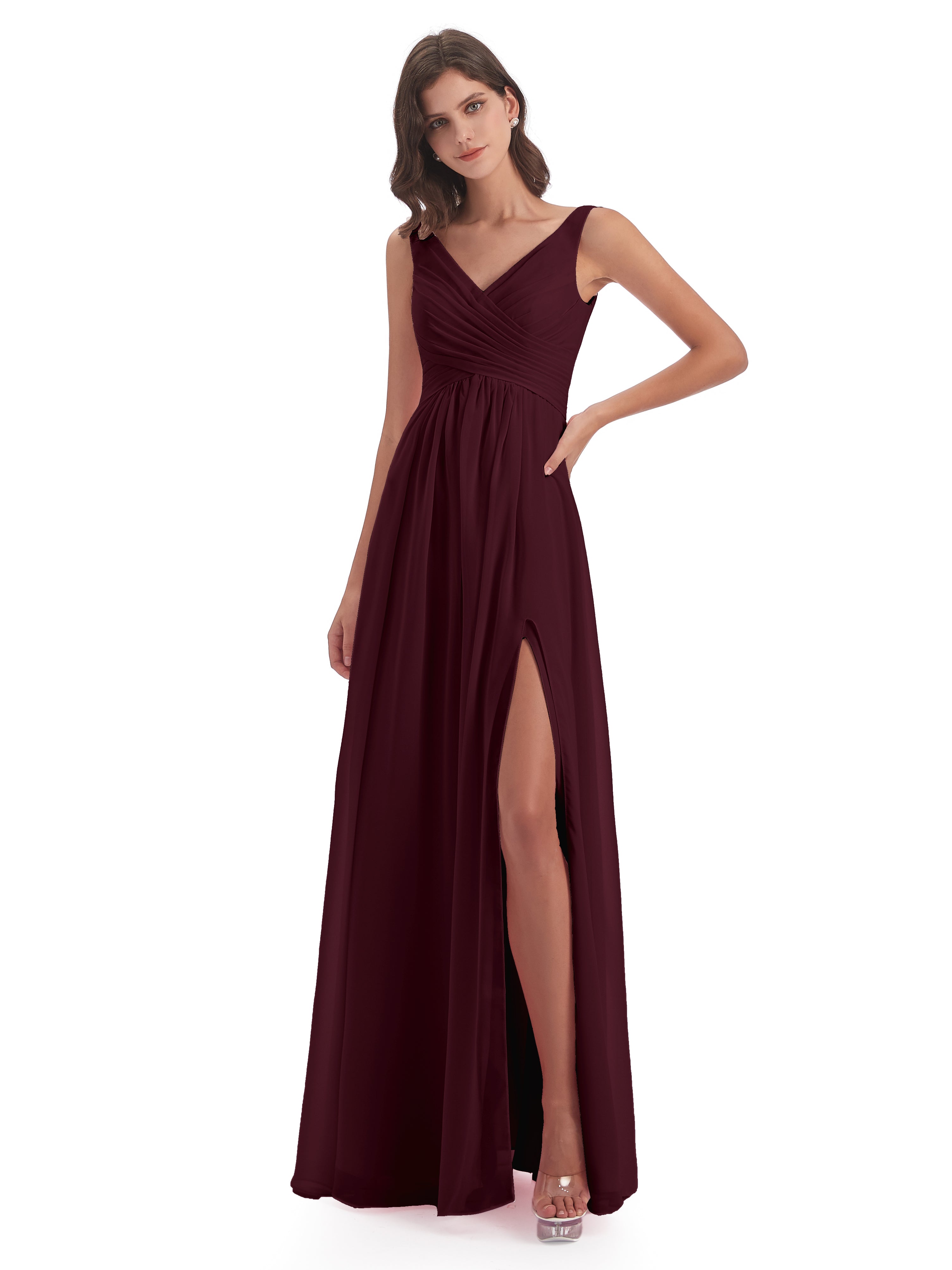 Robes De Demoiselle D'Honneur Cabernet Col V Fendue Mousseline Robes Demoiselle D'Honneur