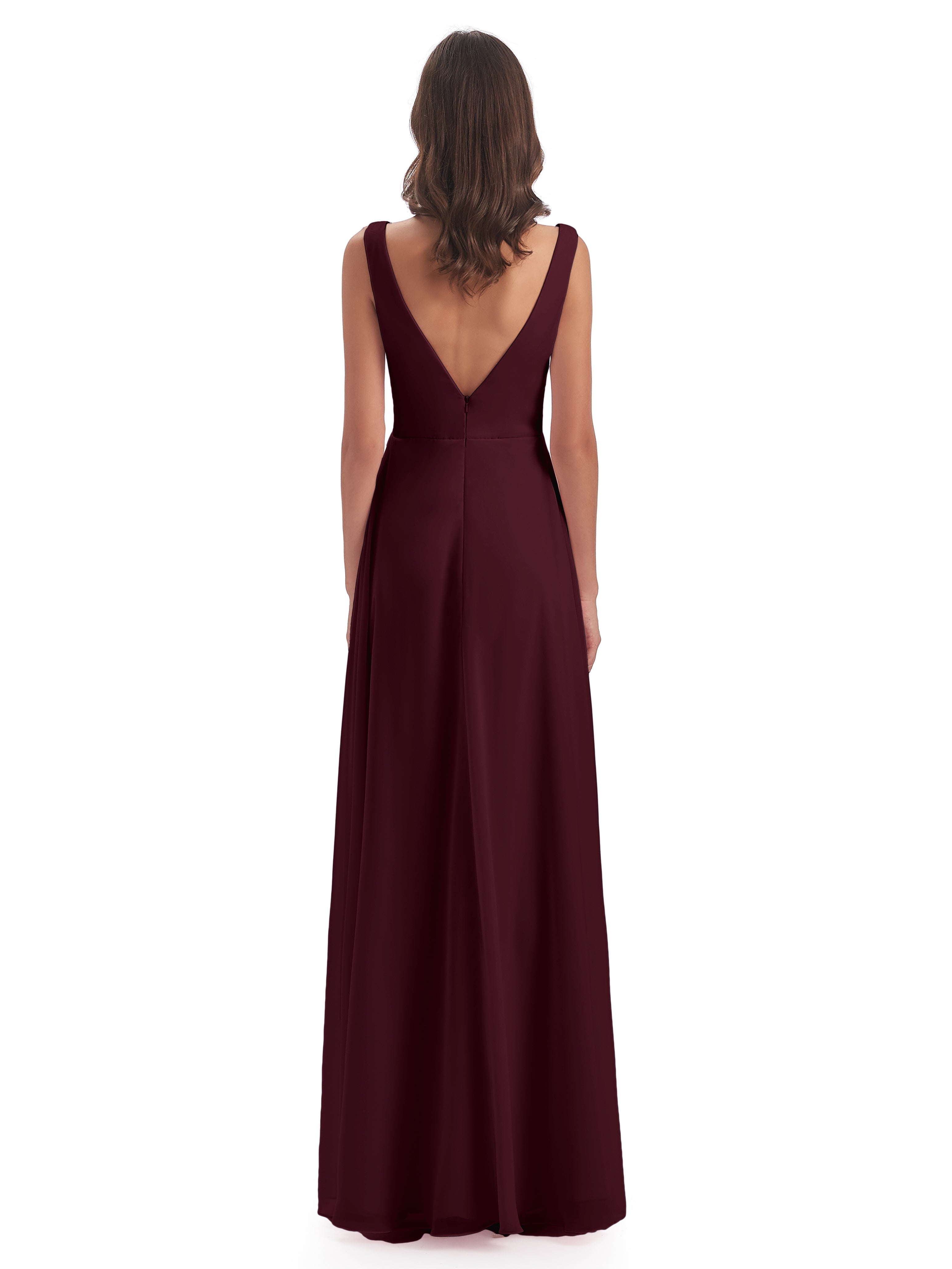 Robes De Demoiselle D'Honneur Cabernet Col V Fendue Mousseline Robes Demoiselle D'Honneur