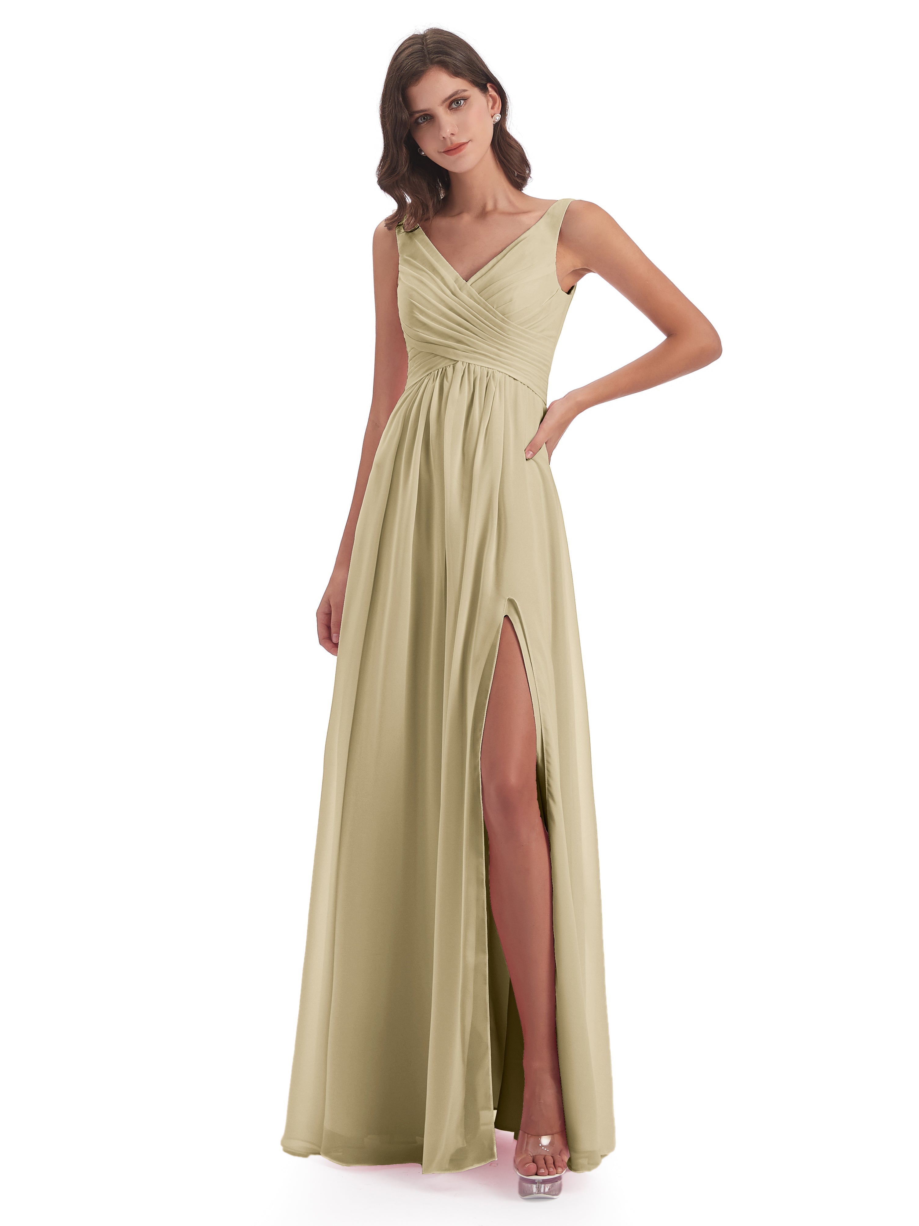 Robe Demoiselle D Honneur Champagne Col V Fendue Mousseline Robes Demoiselle D'Honneur