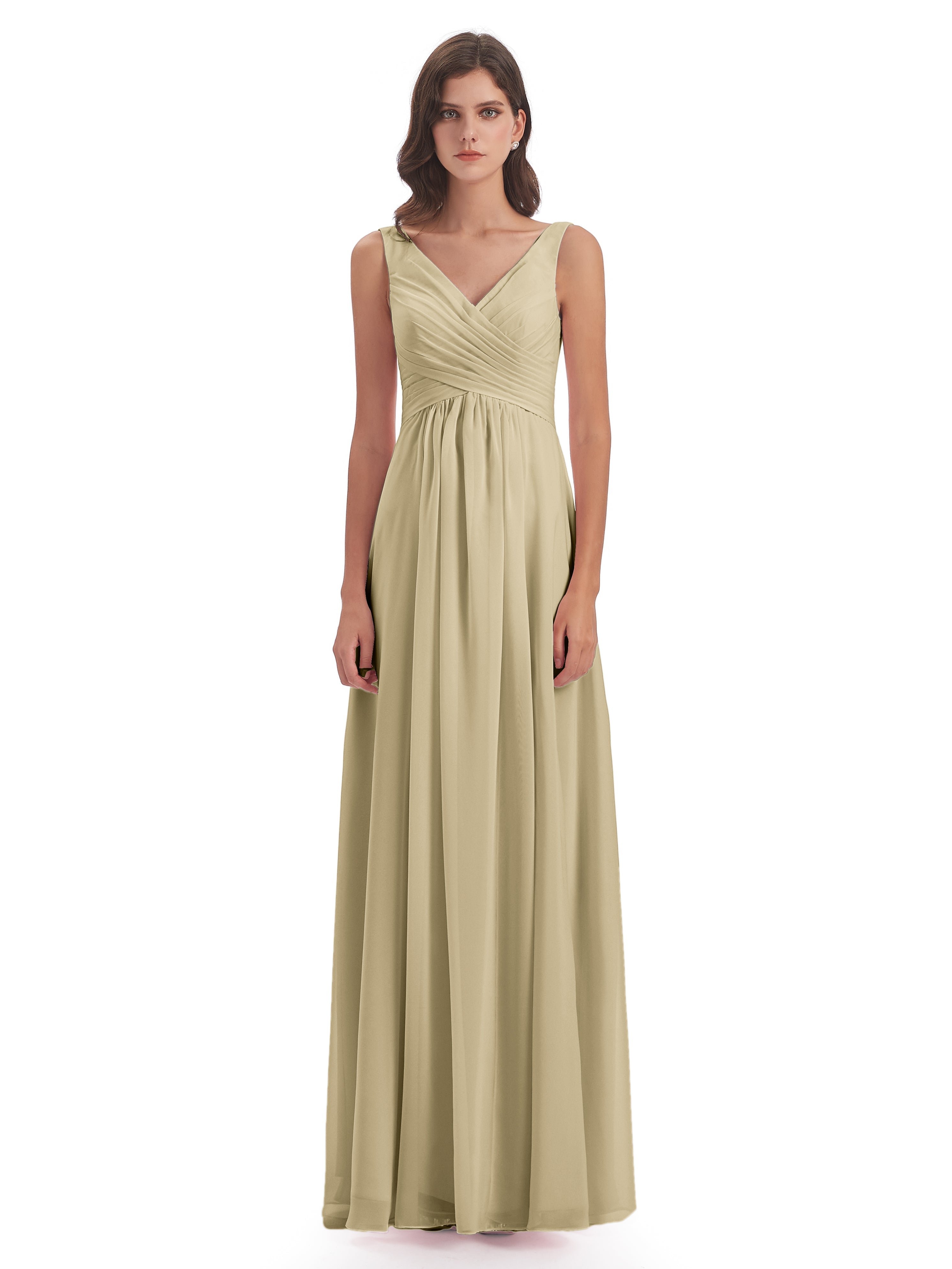 Robe Demoiselle D Honneur Champagne Col V Fendue Mousseline Robes Demoiselle D'Honneur