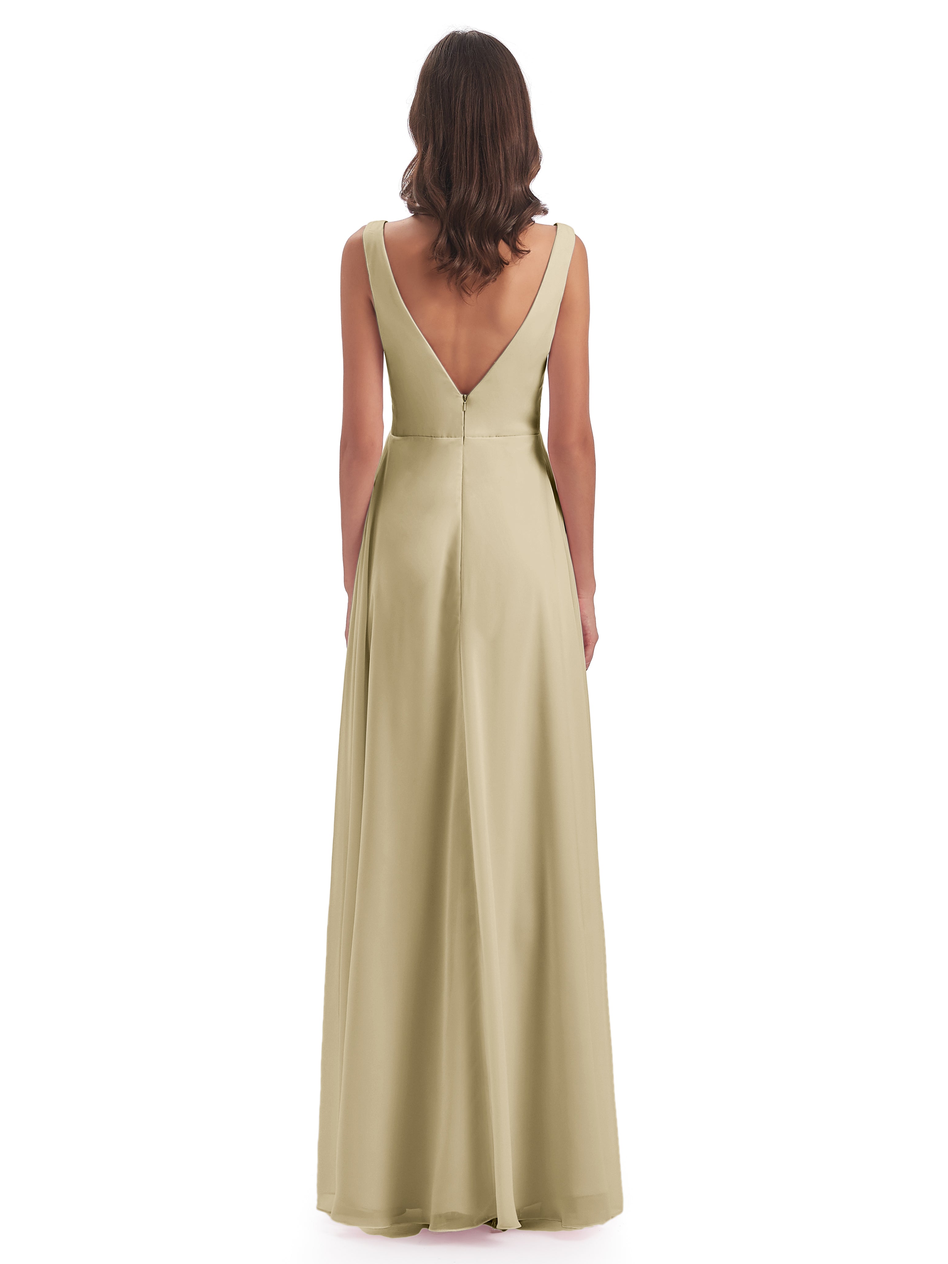 Robe Demoiselle D Honneur Champagne Col V Fendue Mousseline Robes Demoiselle D'Honneur