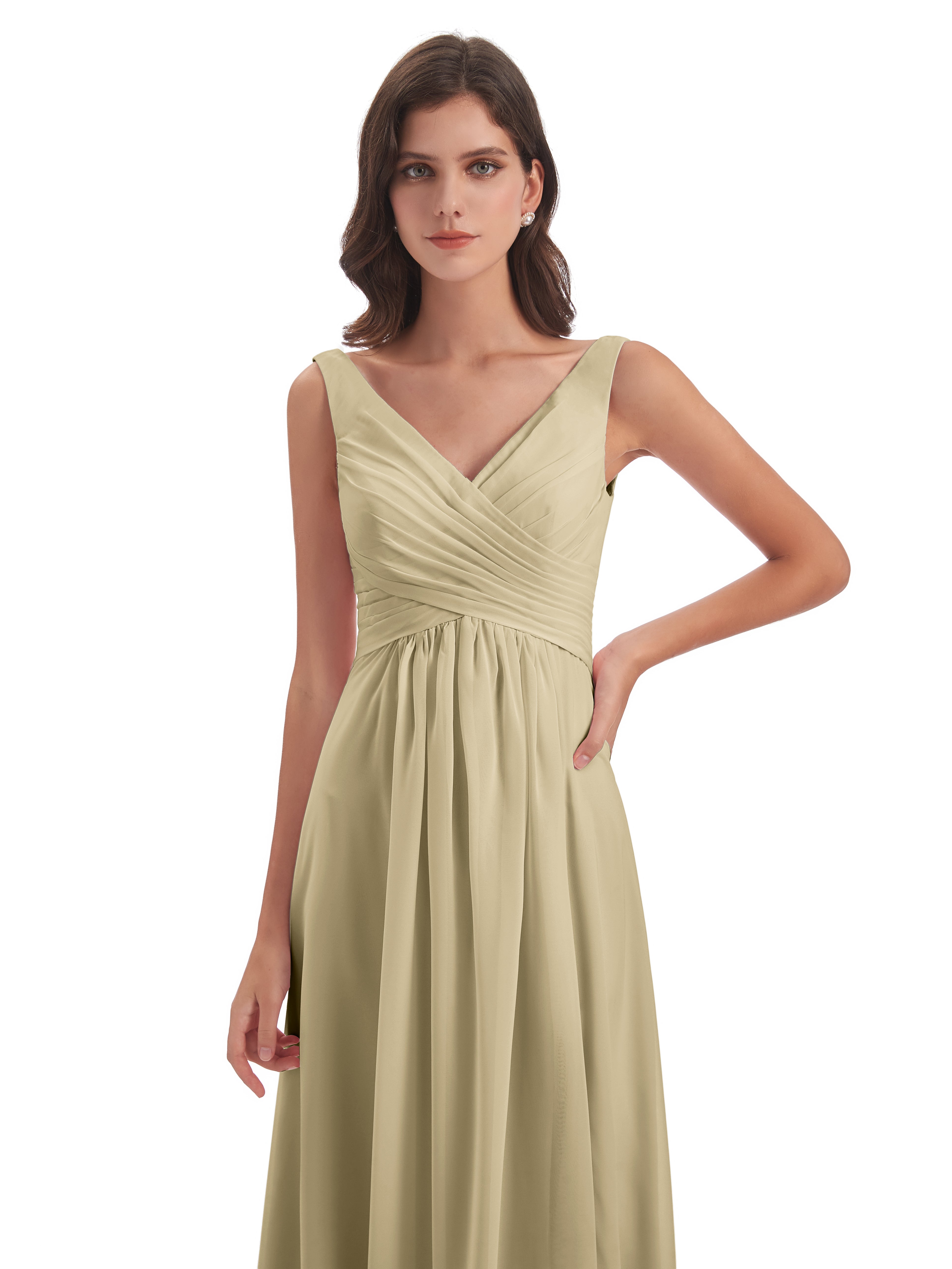 Robe Demoiselle D Honneur Champagne Col V Fendue Mousseline Robes Demoiselle D'Honneur