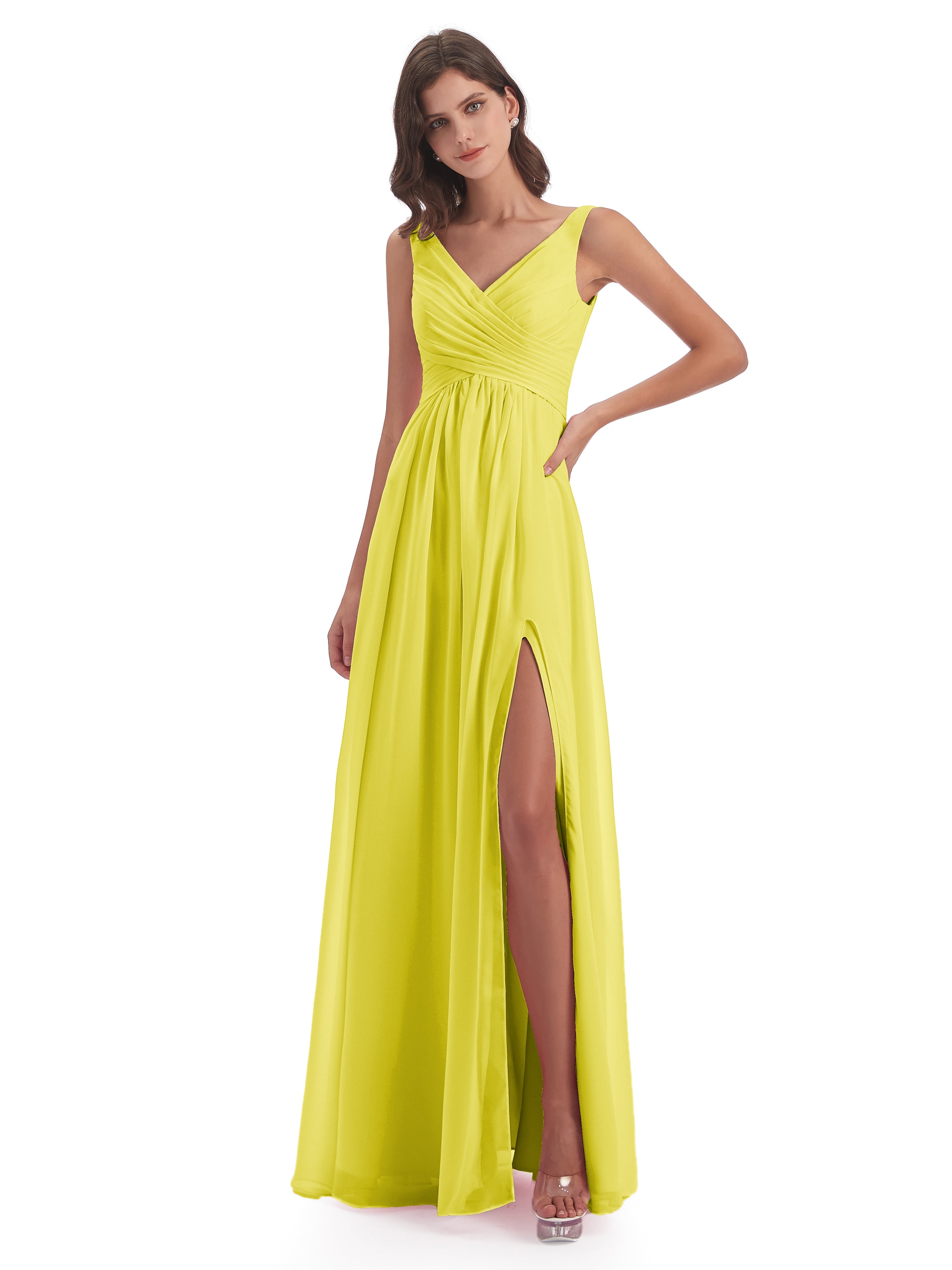Robes De Demoiselle D'Honneur Citron Col V Fendue Mousseline Robes Demoiselle D'Honneur