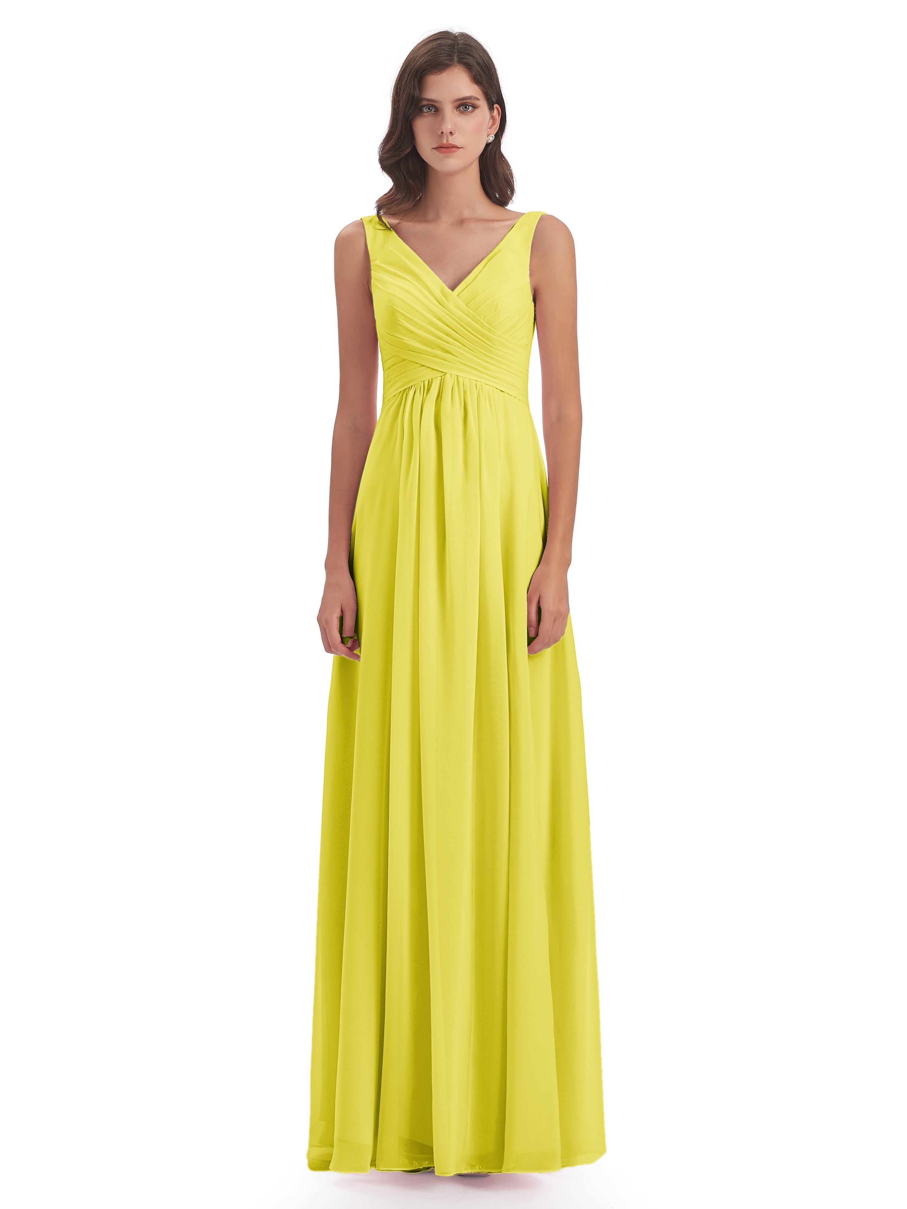 Robes De Demoiselle D'Honneur Citron Col V Fendue Mousseline Robes Demoiselle D'Honneur