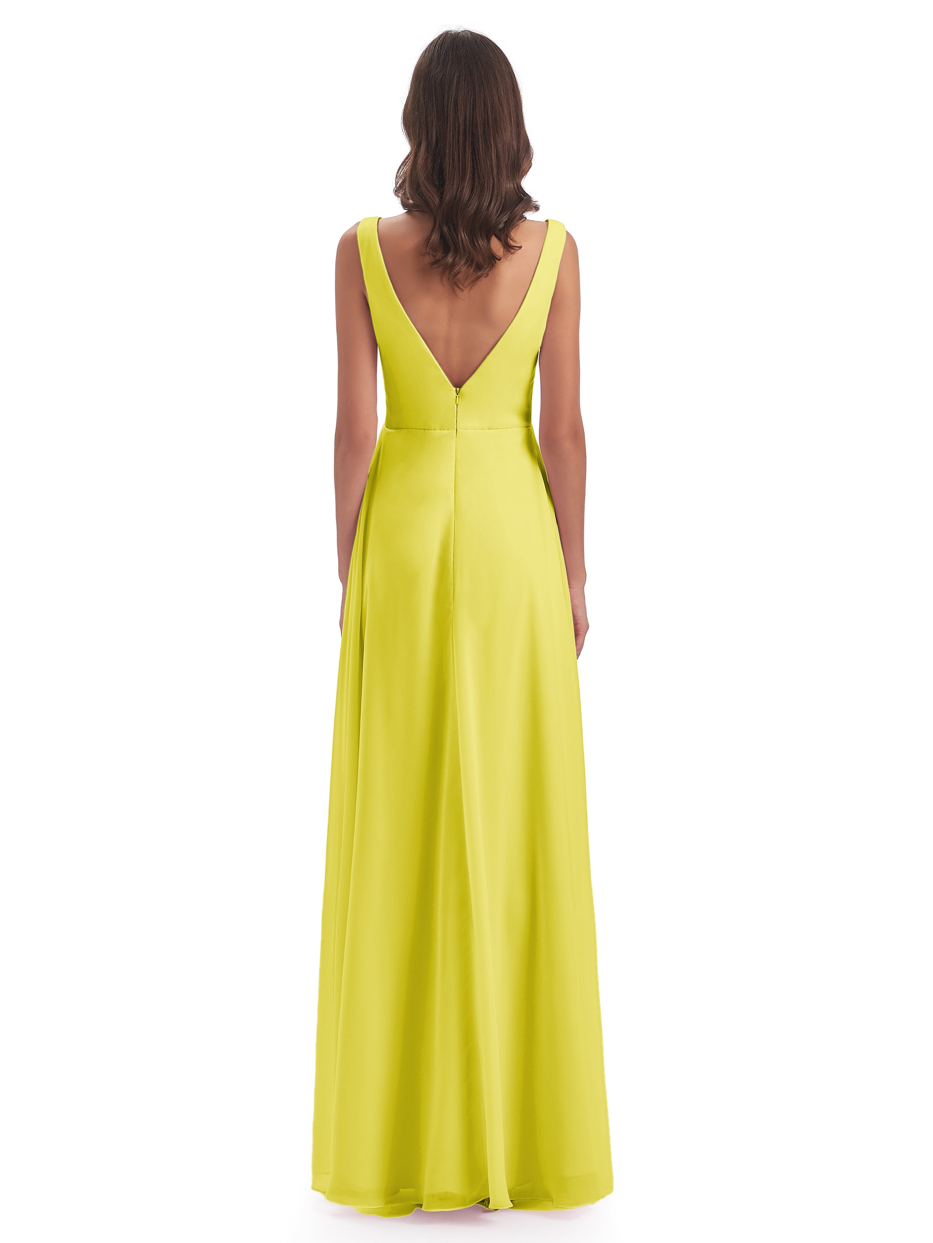 Robes De Demoiselle D'Honneur Citron Col V Fendue Mousseline Robes Demoiselle D'Honneur